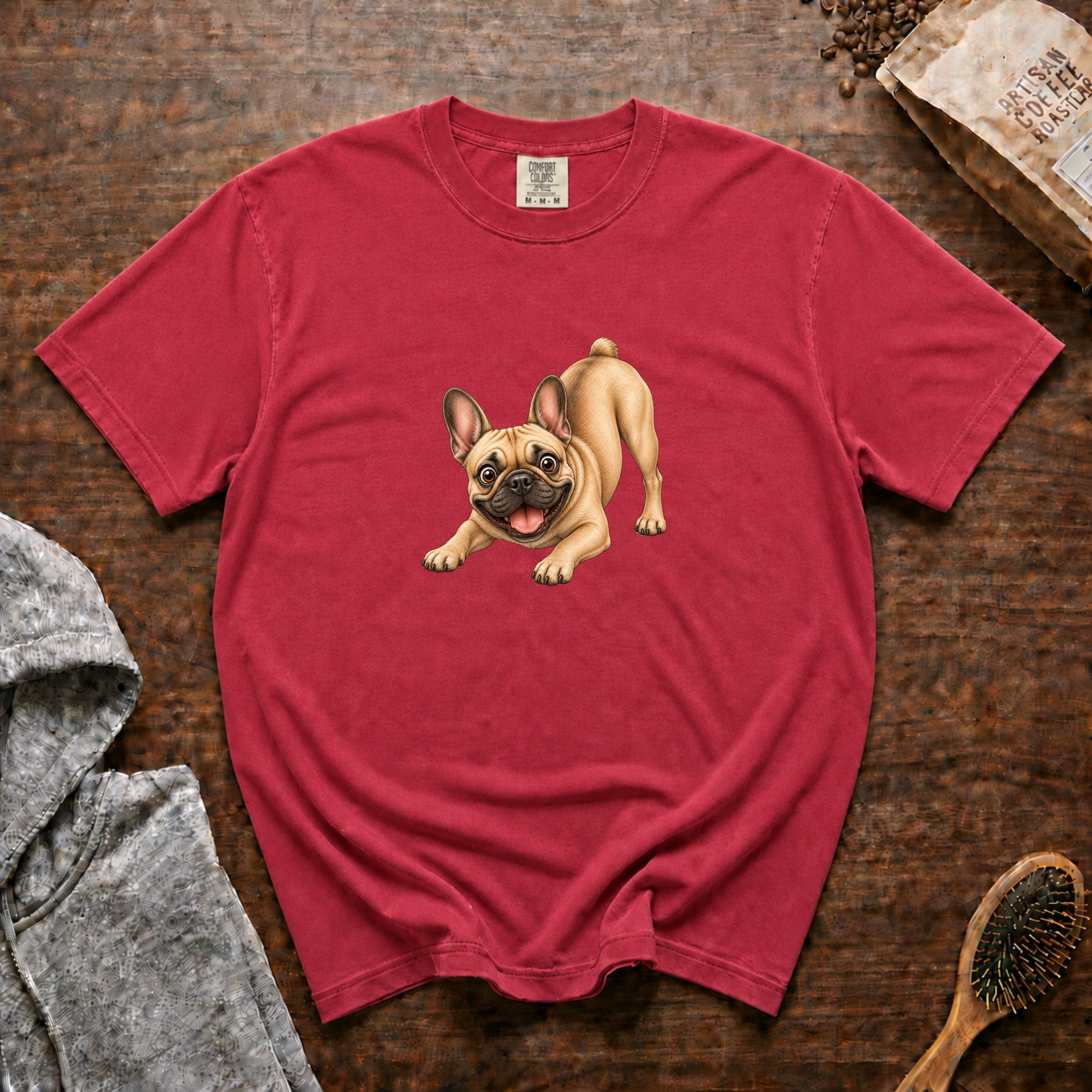 Frenchie, Play Bow T-Shirt — Crimson