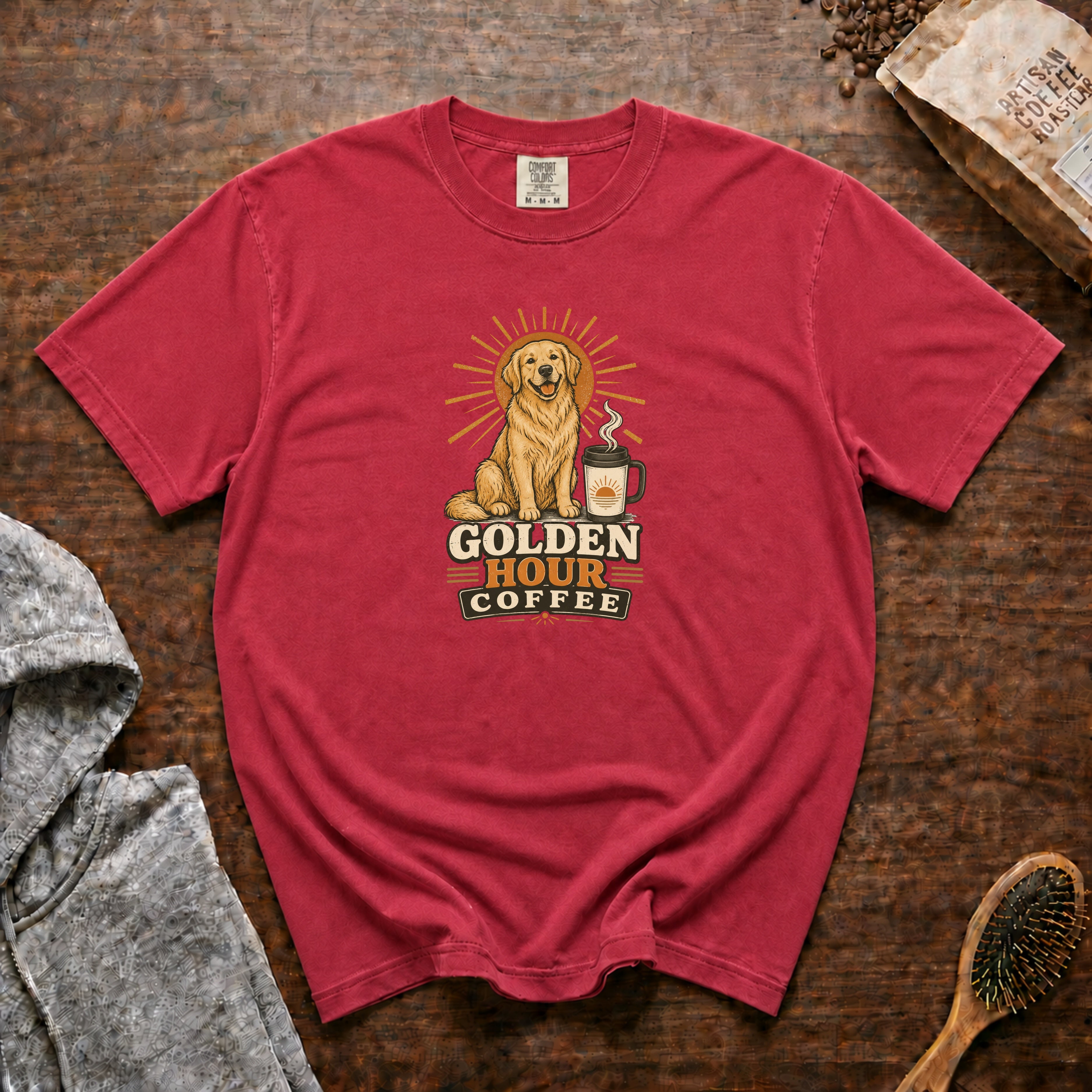 Golden Hour Coffee T-Shirt — Crimson