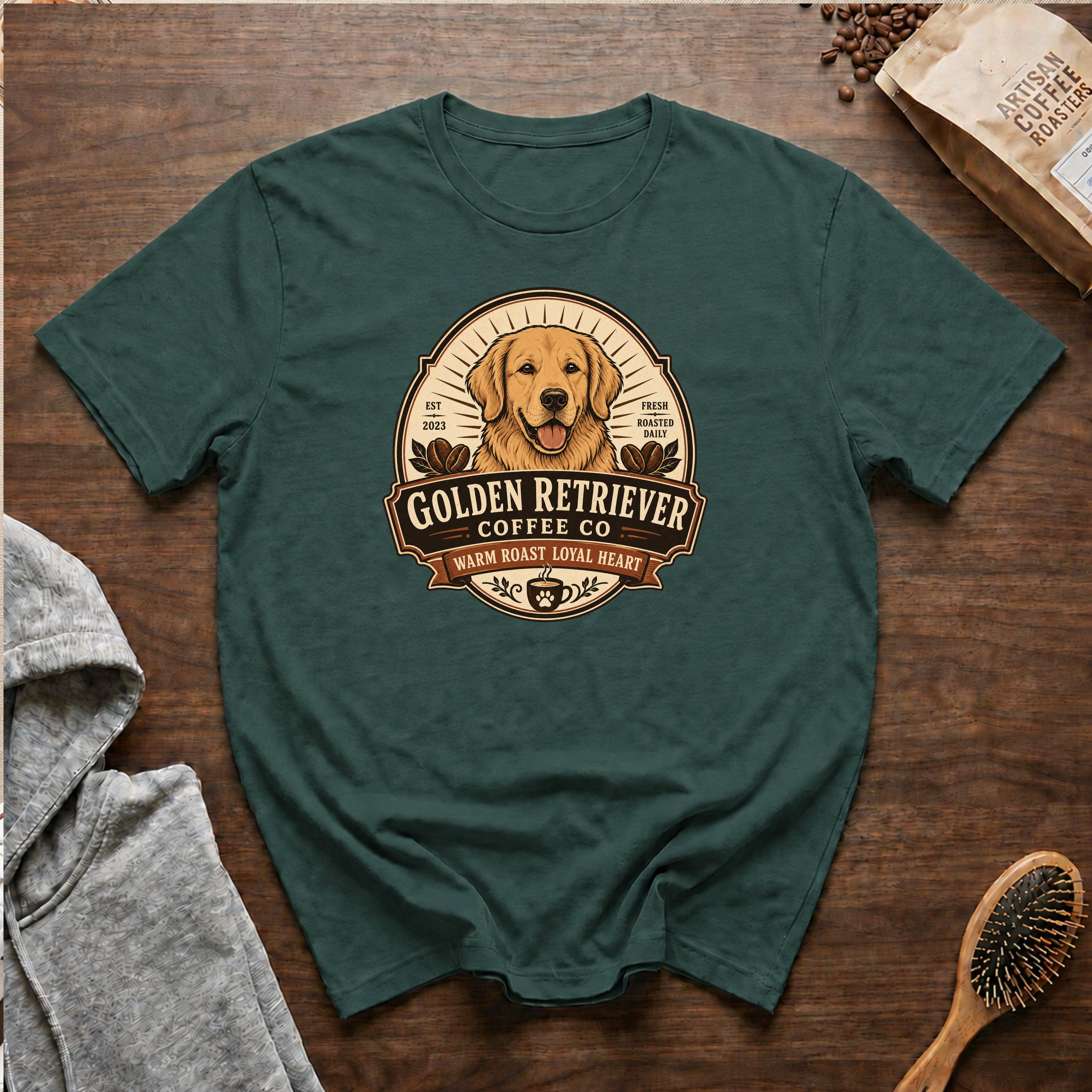 Golden Retriever Coffee Co T-Shirt — Blue Spruce