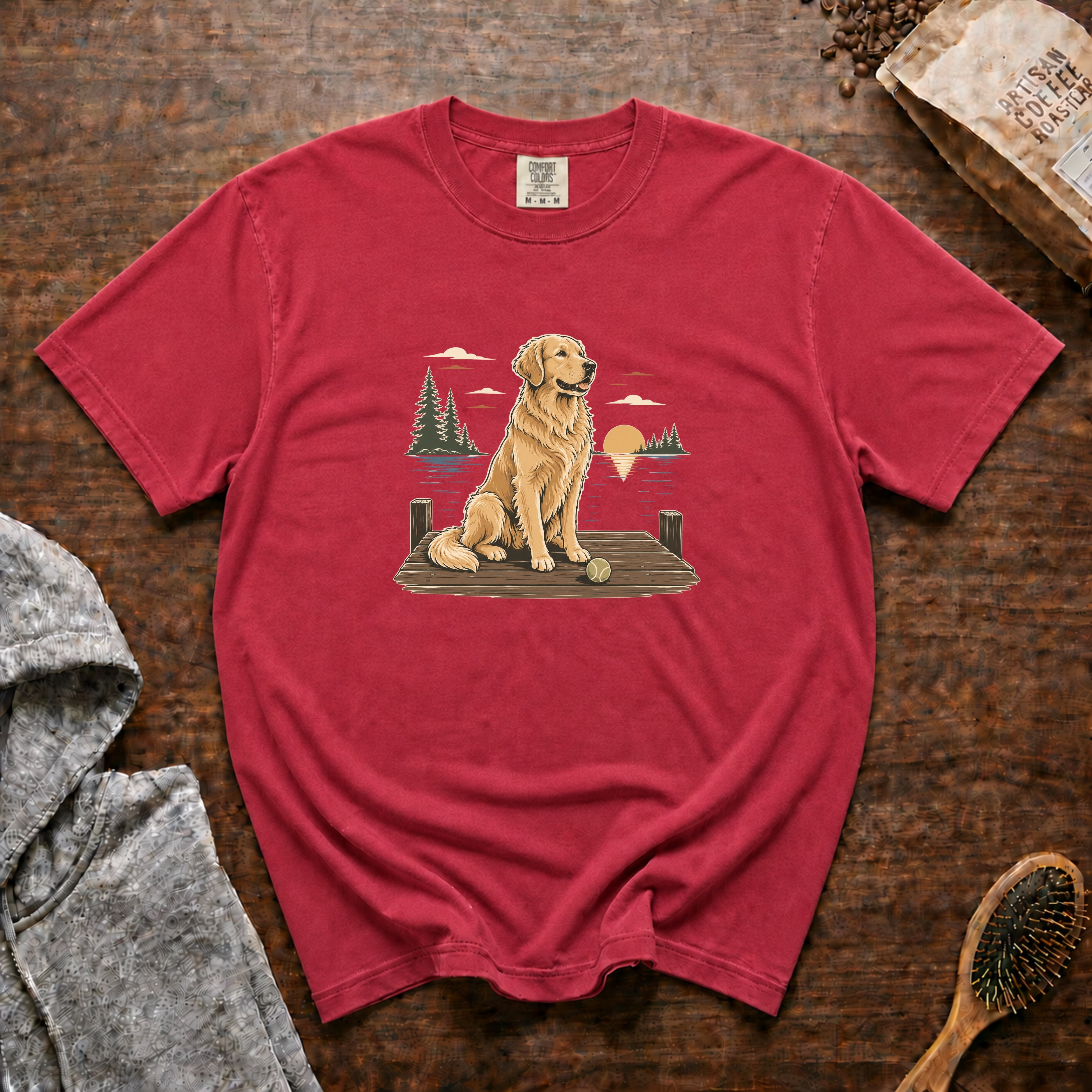 Golden Retriever, Sunny Morning T-Shirt — Crimson