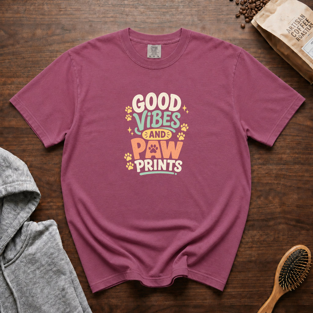Good Vibes And Paw Prints T-Shirt — Berry