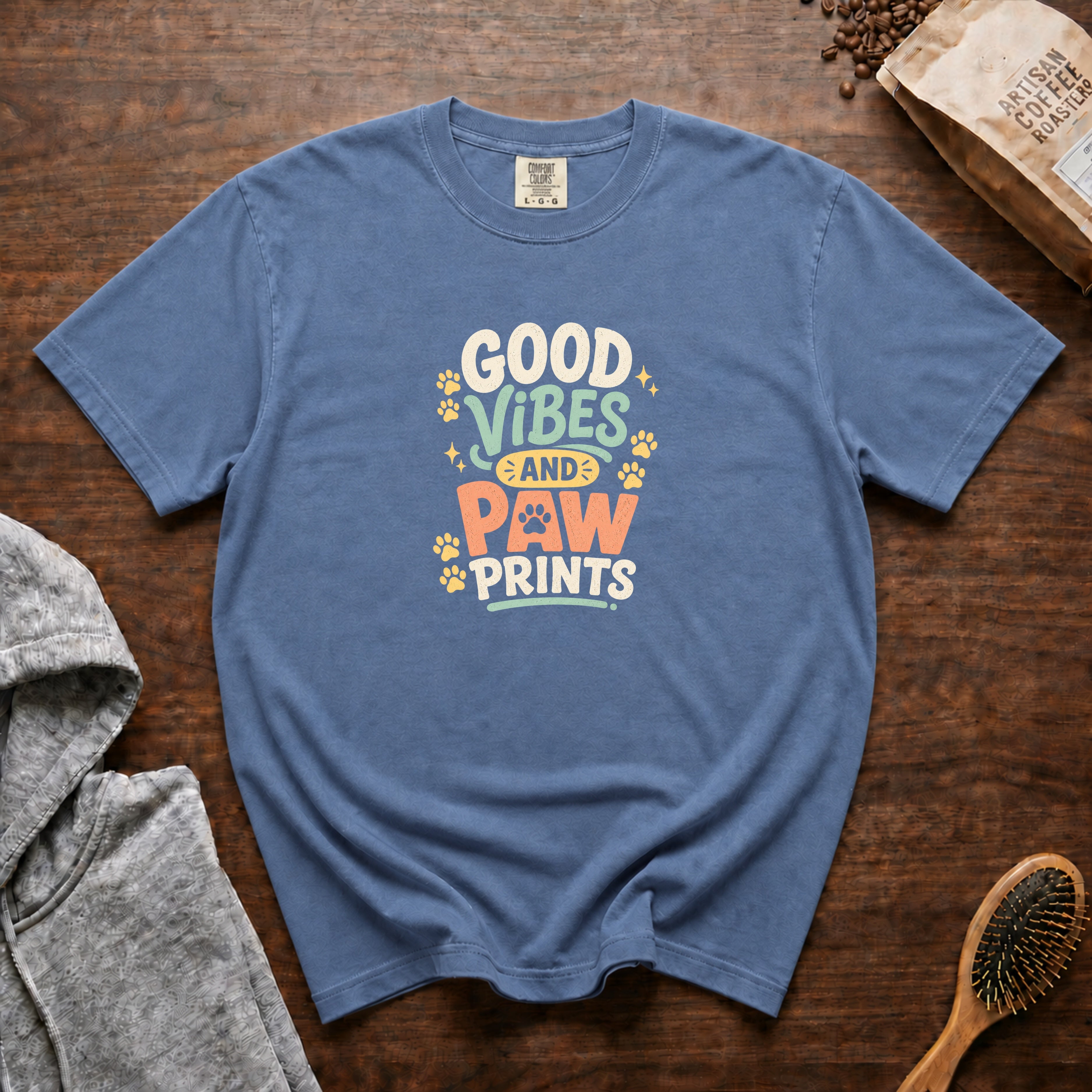 Good Vibes And Paw Prints T-Shirt — Blue Jean