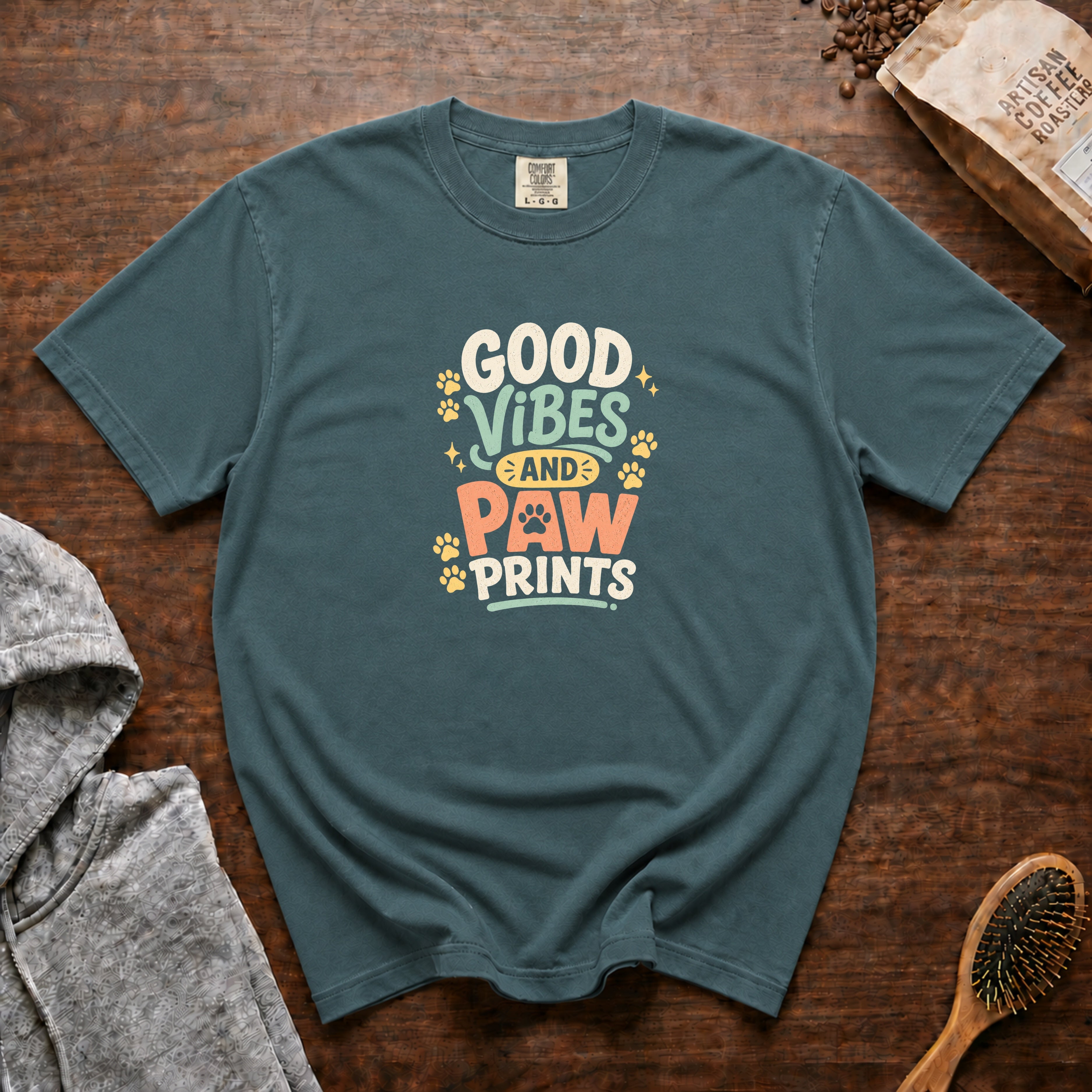 Good Vibes And Paw Prints T-Shirt — Blue Spruce