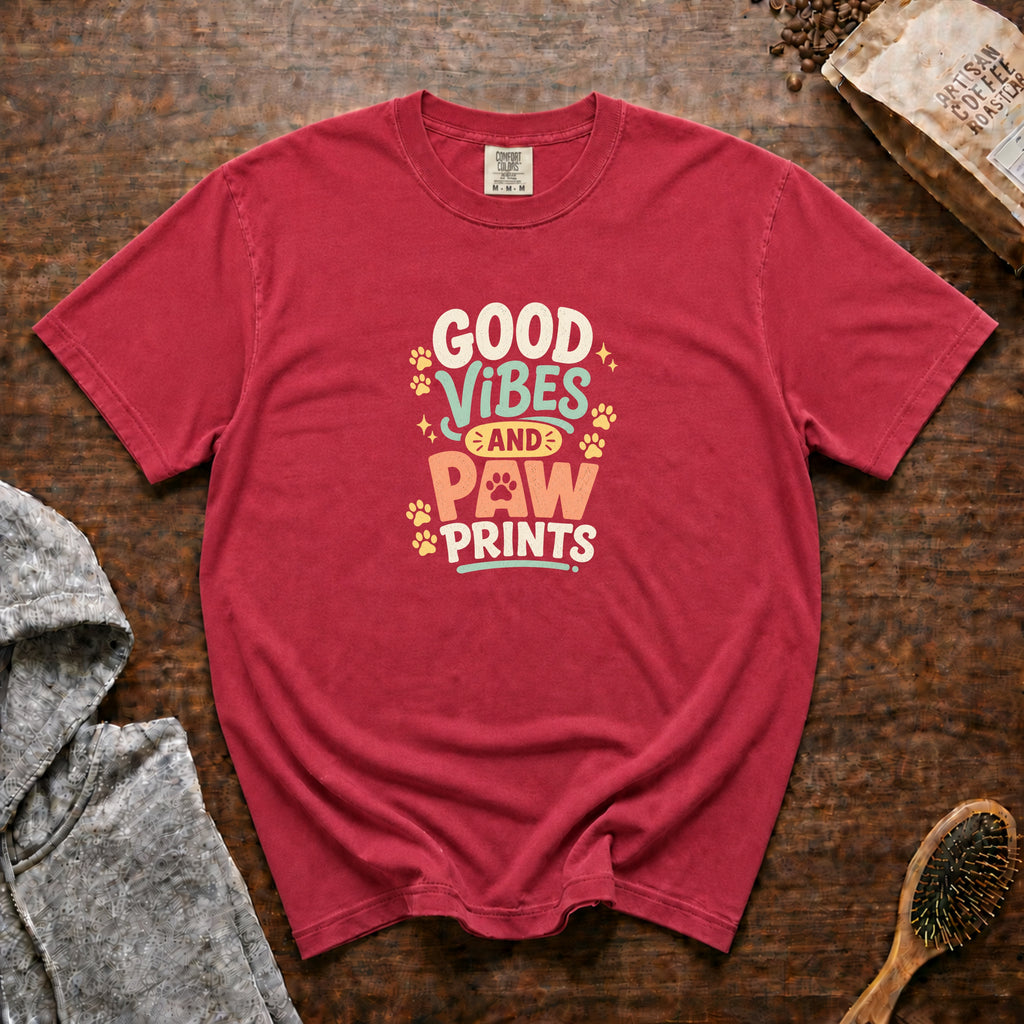 Good Vibes And Paw Prints T-Shirt — Crimson