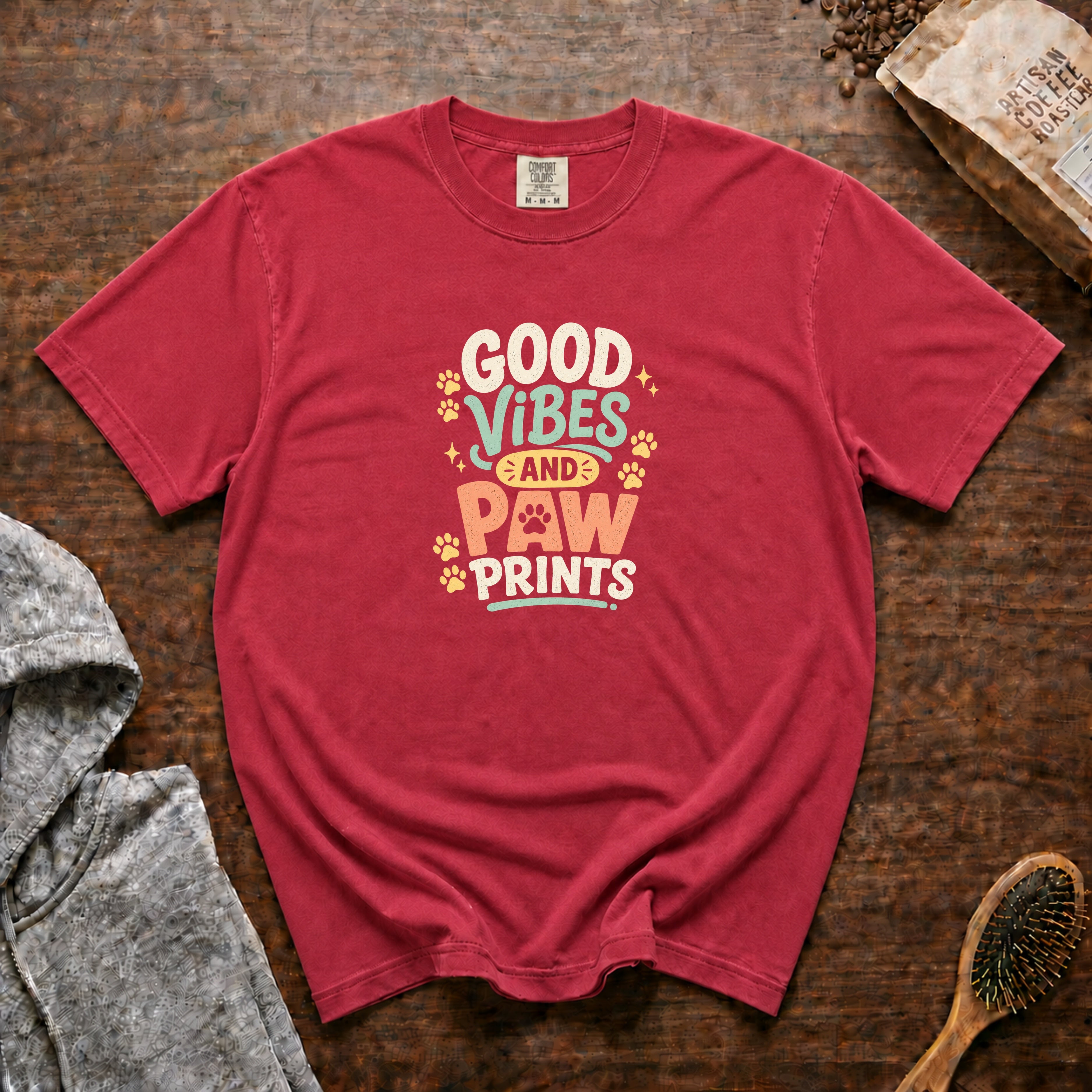 Good Vibes And Paw Prints T-Shirt — Crimson
