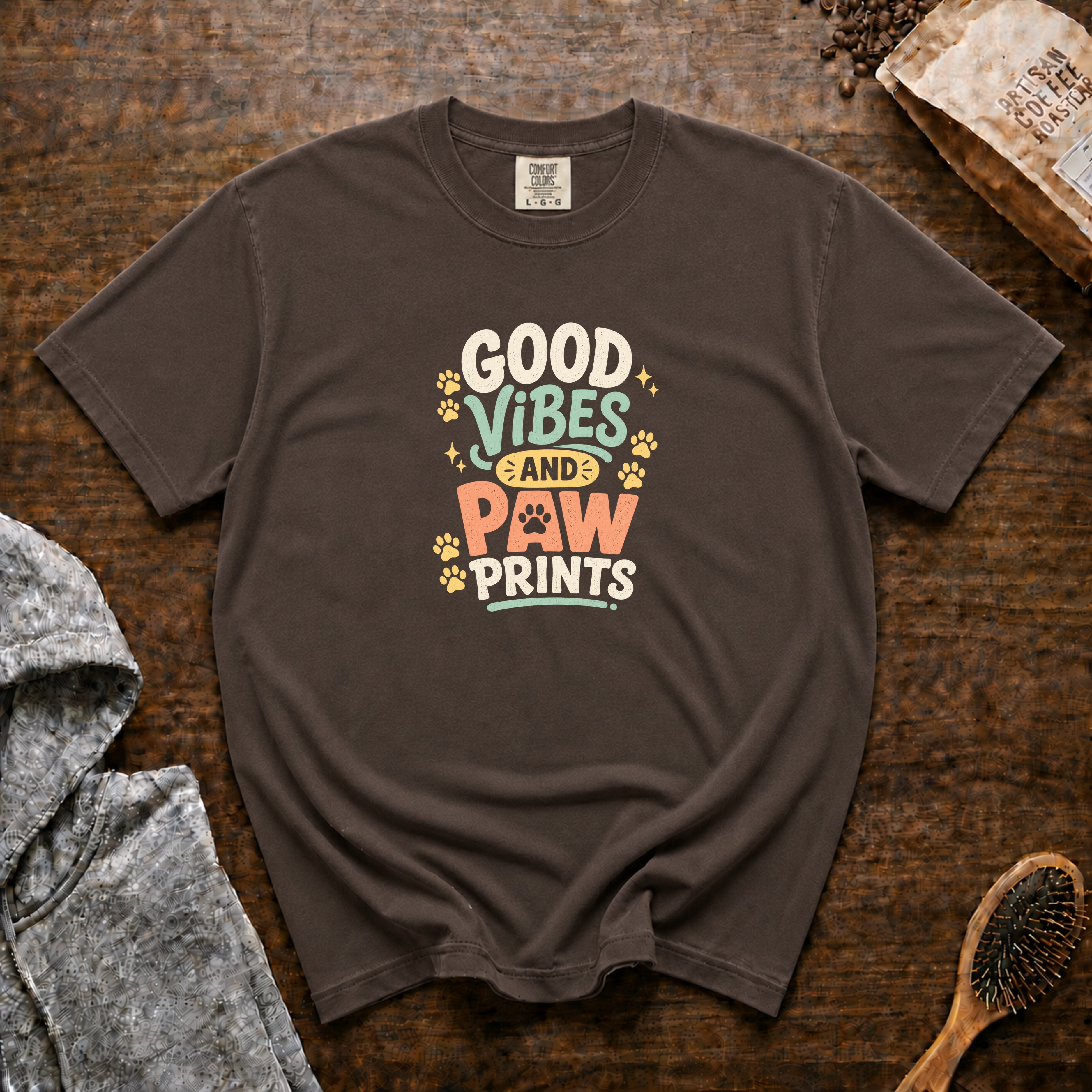 Good Vibes And Paw Prints T-Shirt — Espresso