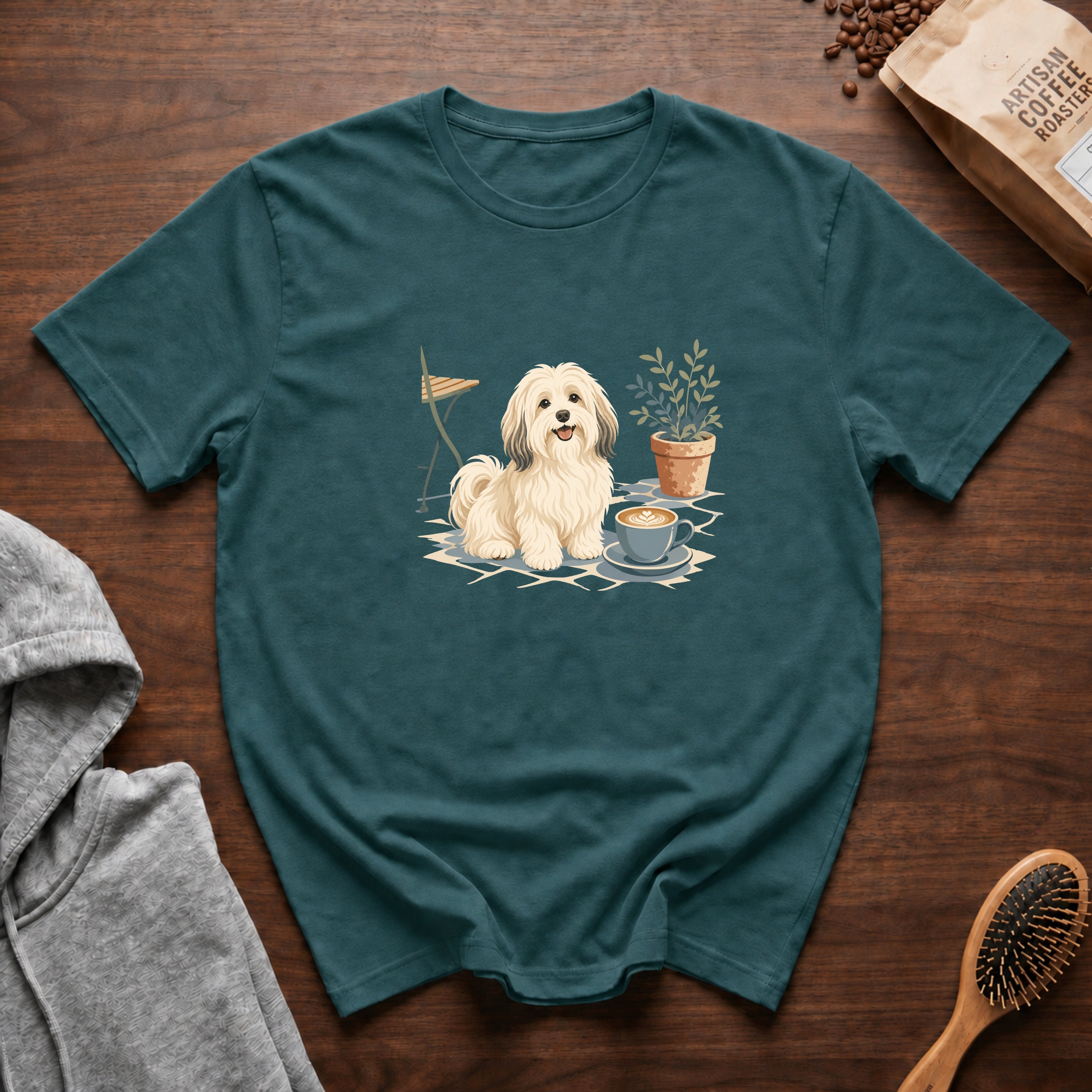 Havanese Patio Latte T-Shirt — Blue Spruce