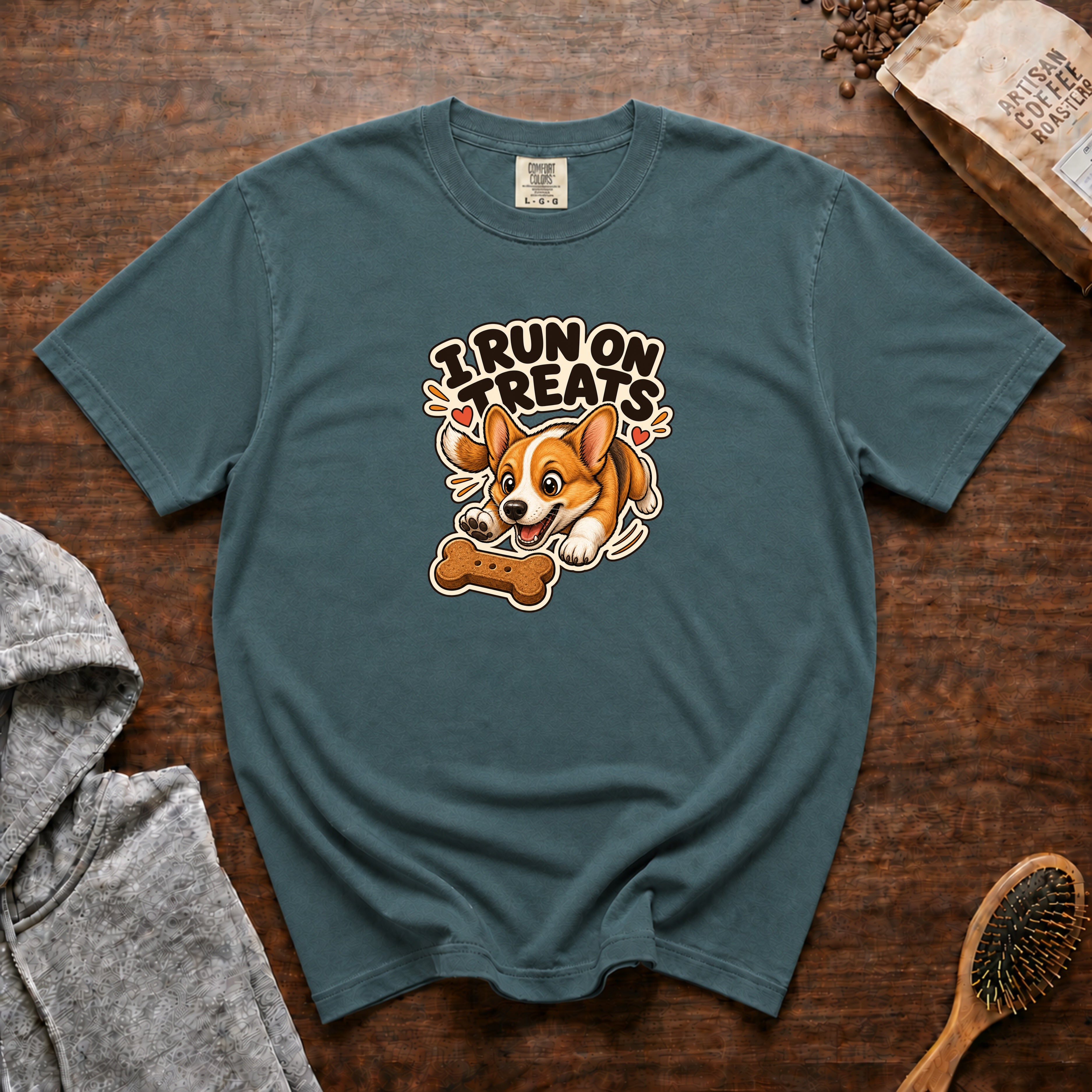 I Run On Treats T-Shirt — Blue Spruce