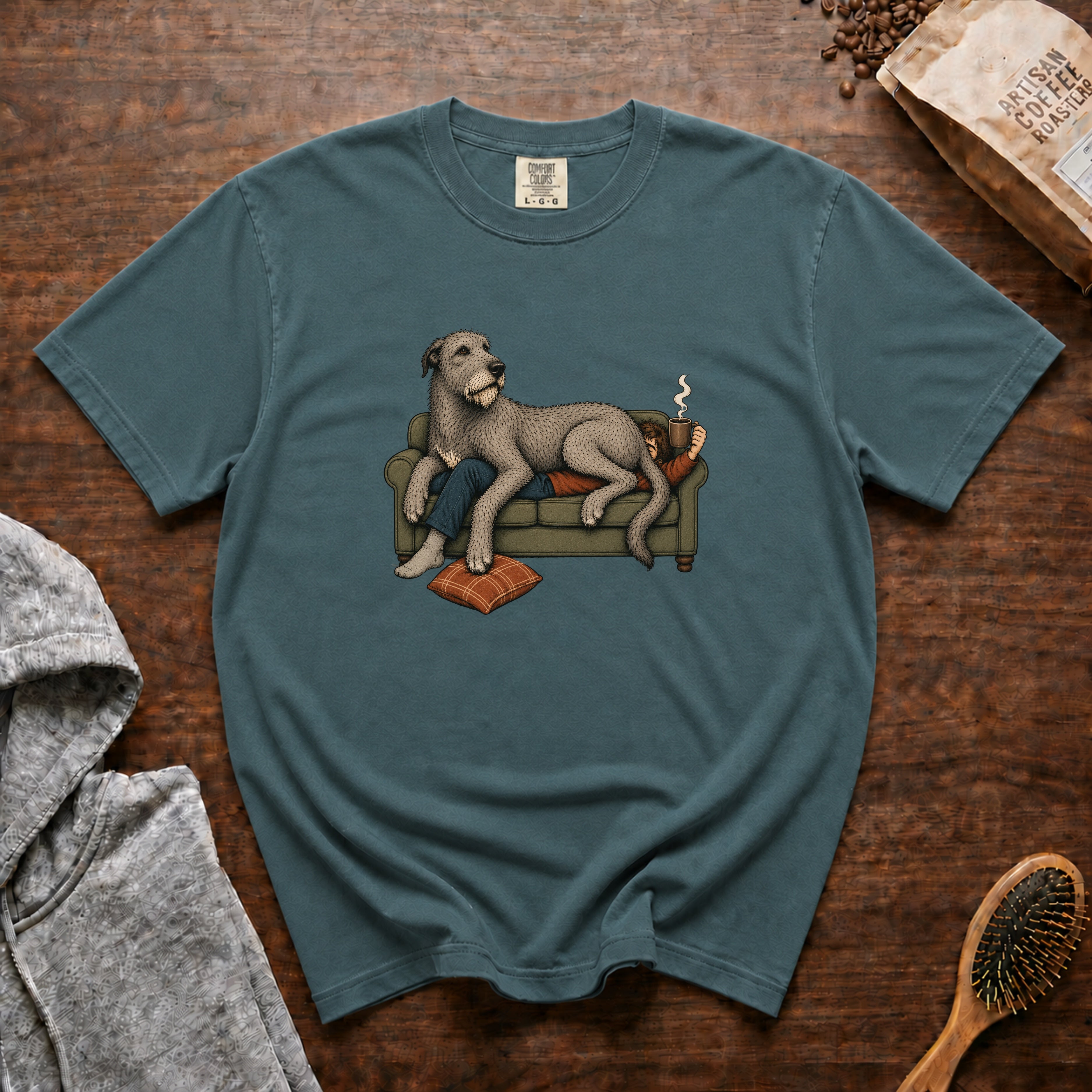 Irish Wolfhound Couch T-Shirt — Blue Spruce