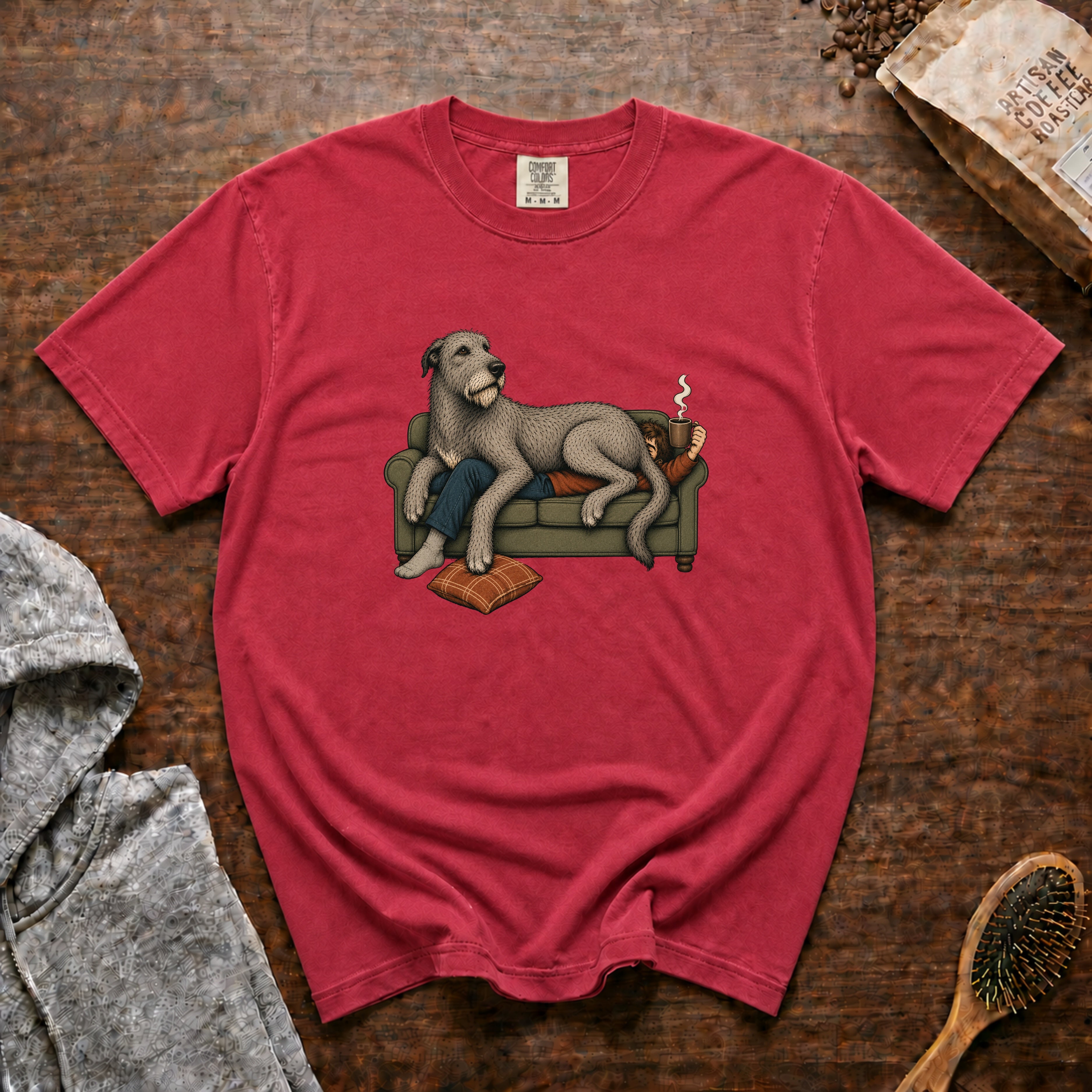 Irish Wolfhound Couch T-Shirt — Crimson