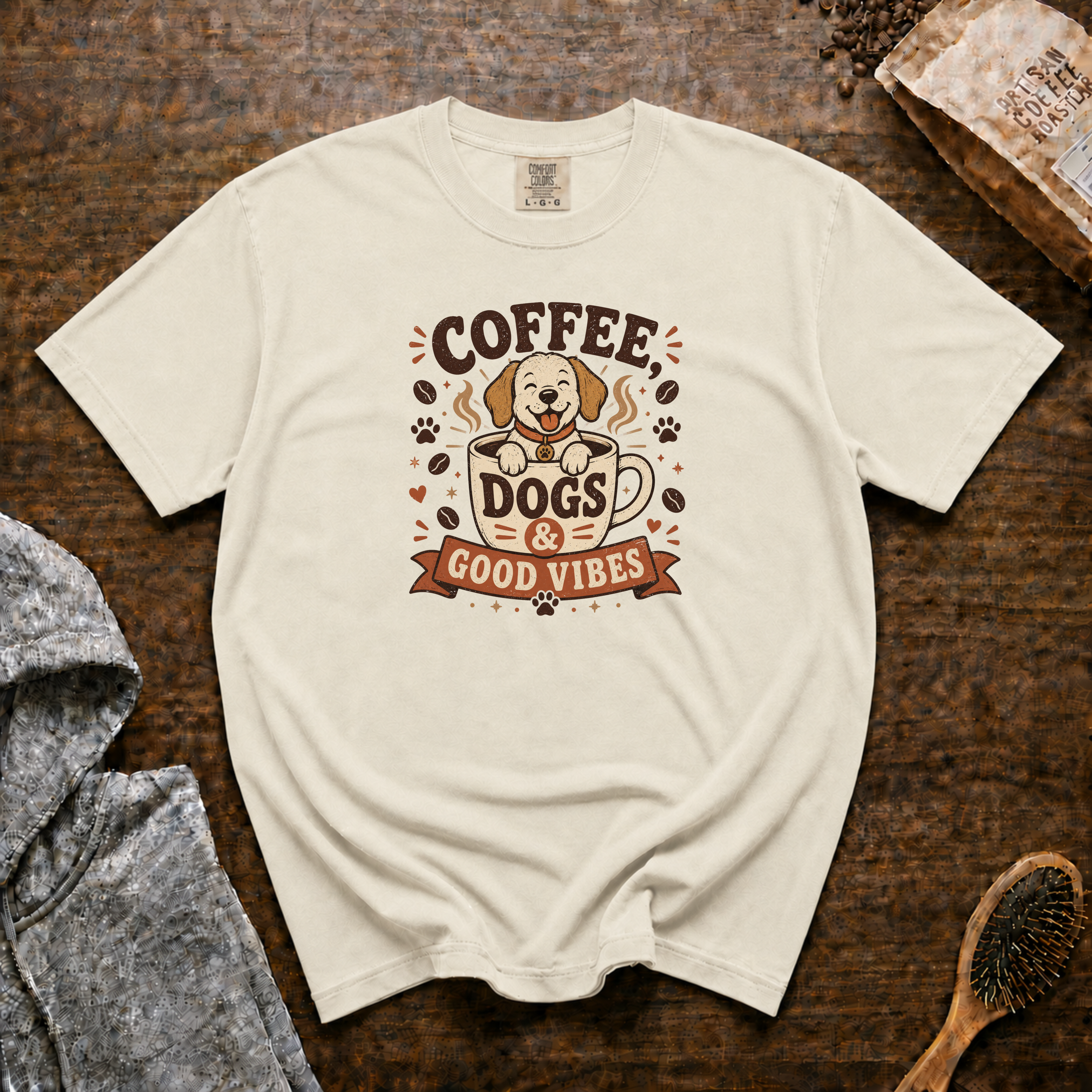 Coffee Dogs And Good Vibes T-Shirt | Dog Lover Coffee Tee