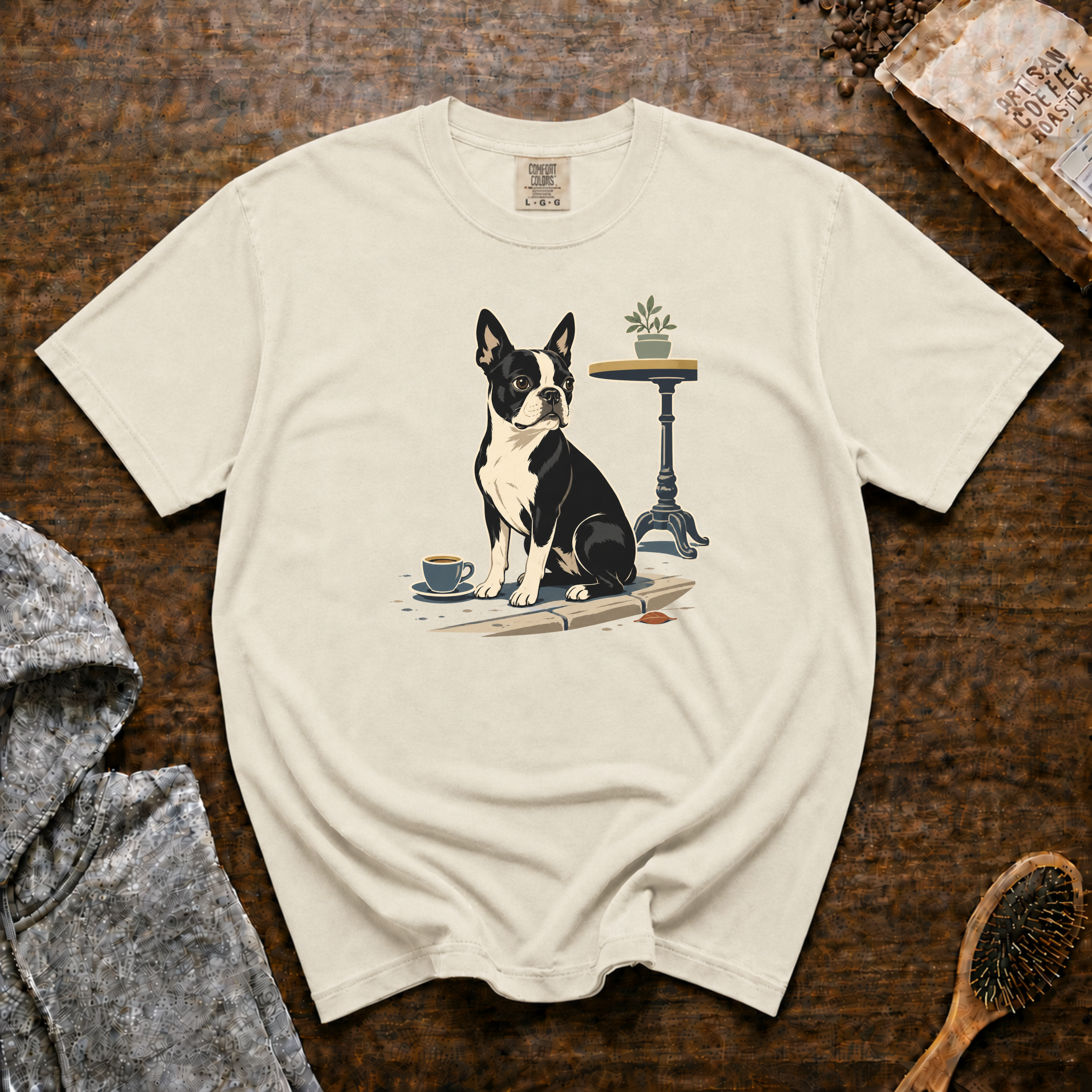 Boston Terrier Sidewalk Espresso T-Shirt | Bosty Coffee Tee