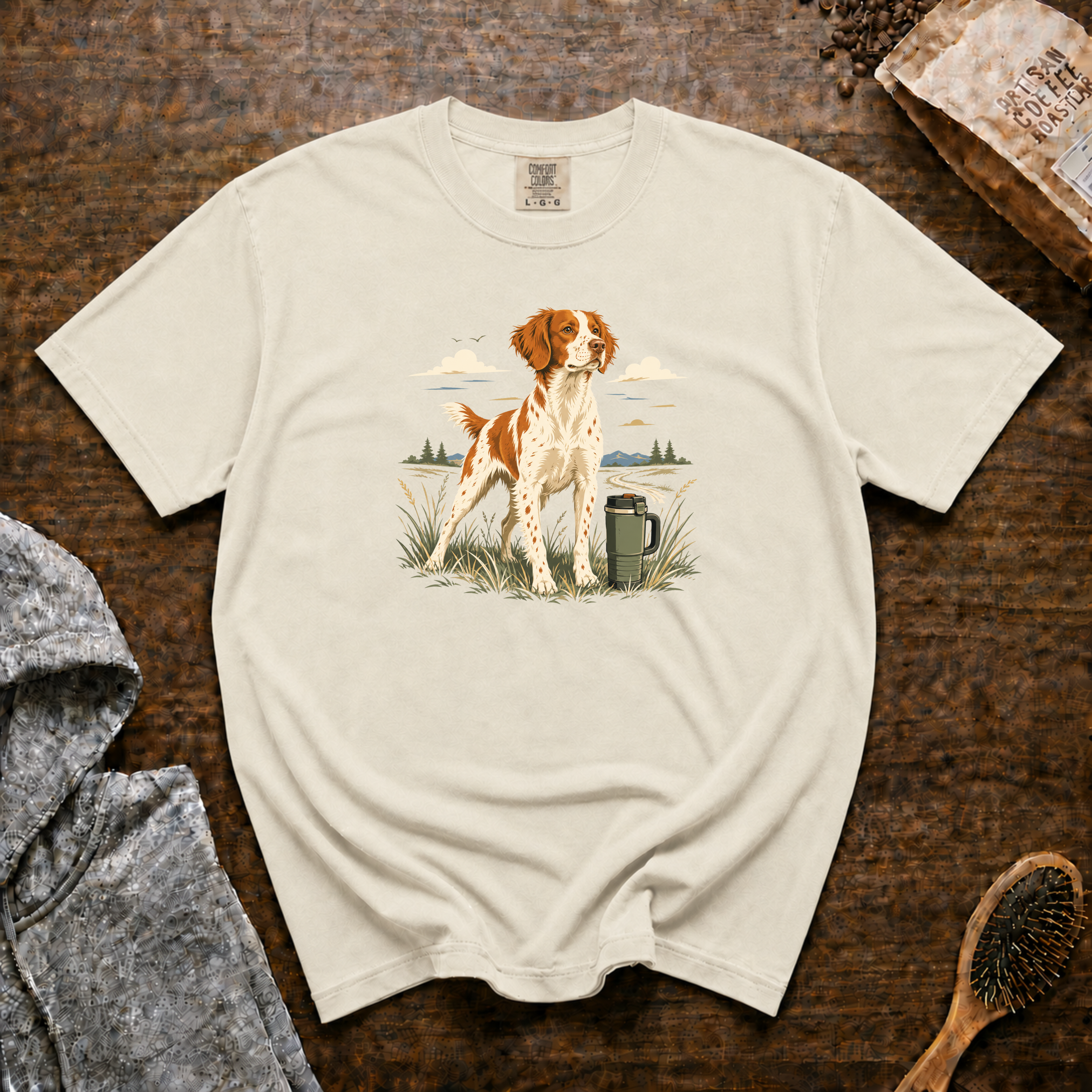 Brittany Field Mug Morning T-Shirt | Brittany Dog Coffee Tee