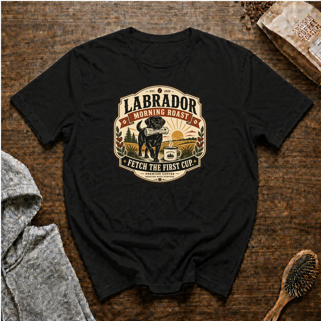 Labrador Morning Roast Fetch The First Cup T-Shirt — Black