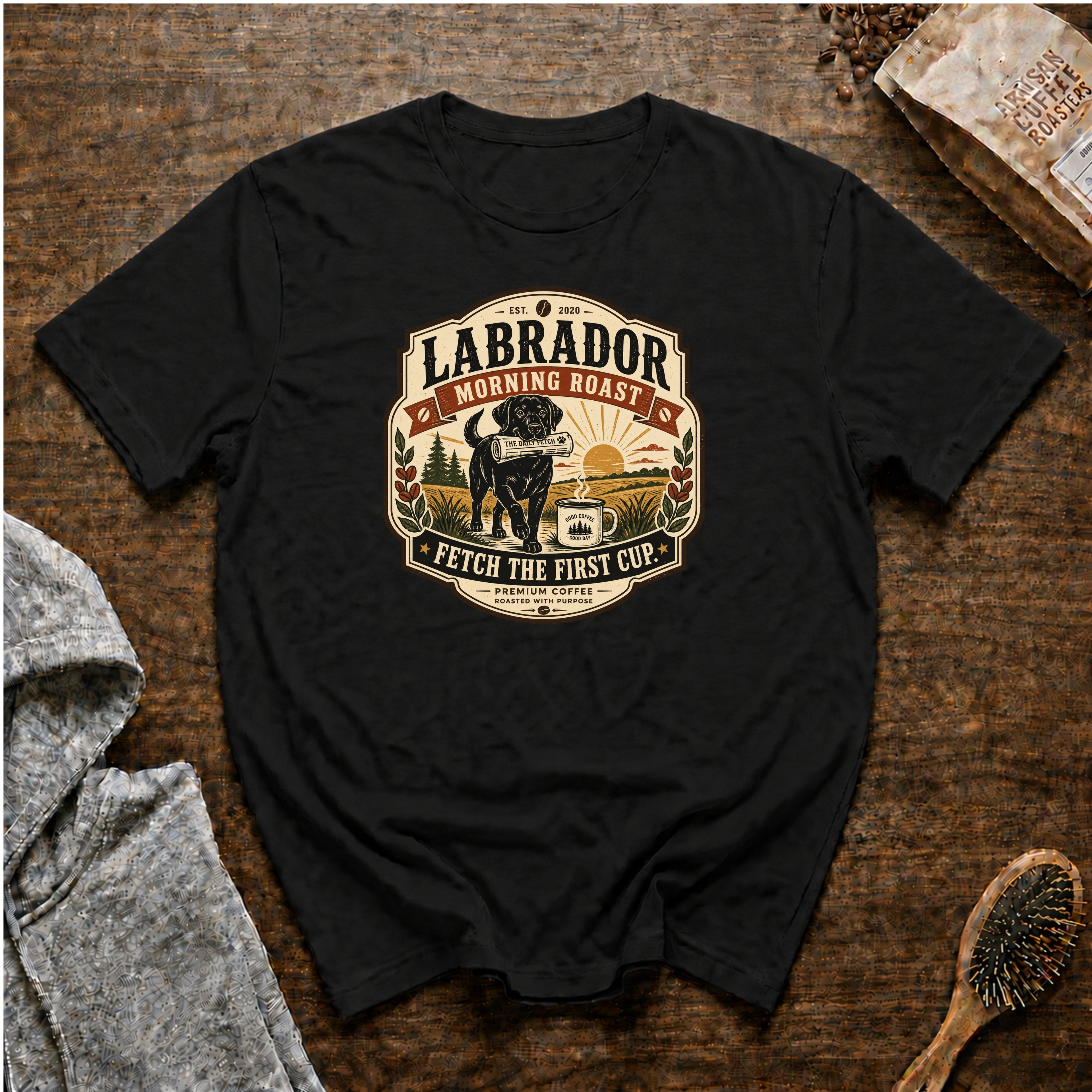 Labrador Morning Roast Fetch The First Cup T-Shirt — Black