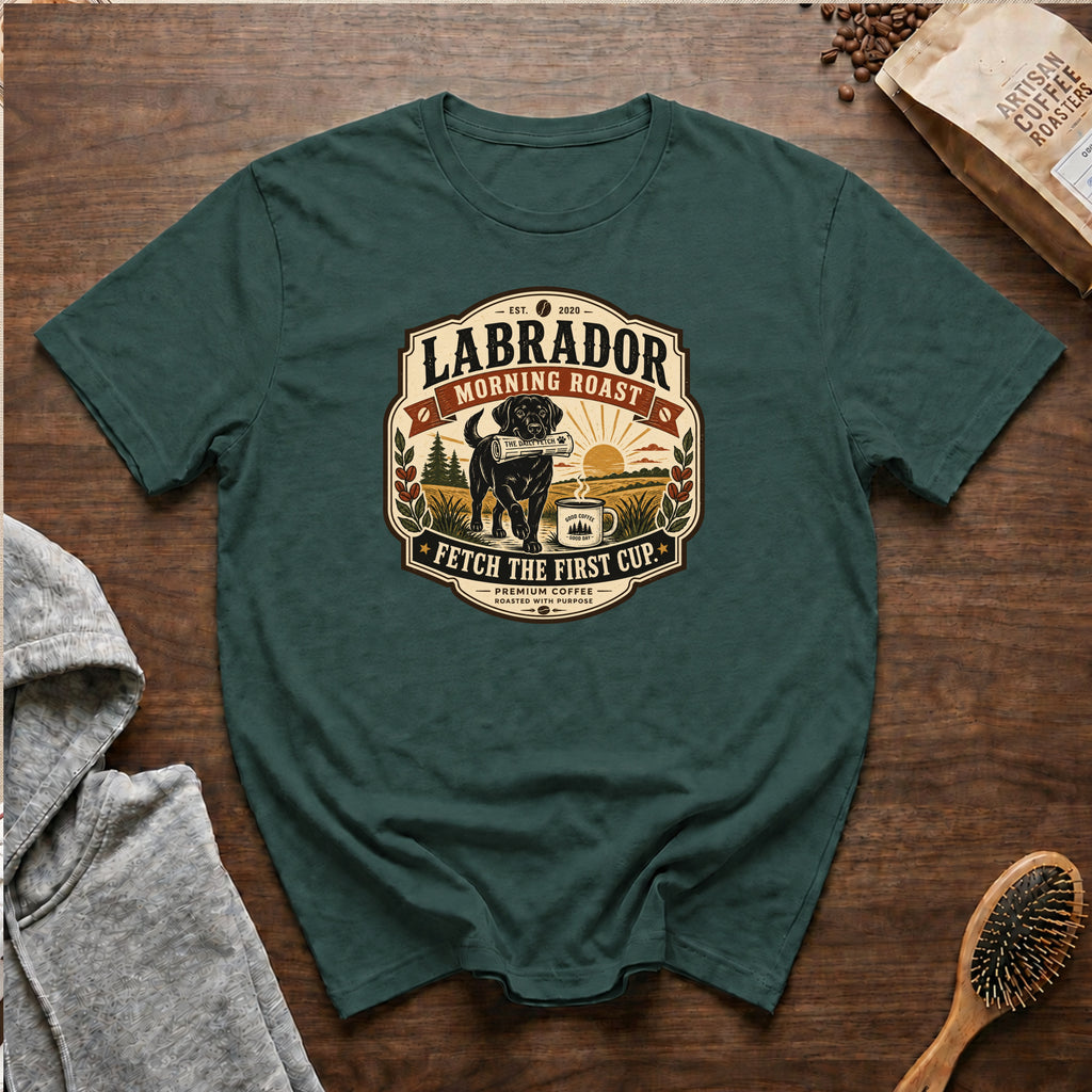 Labrador Morning Roast Fetch The First Cup T-Shirt — Blue Spruce
