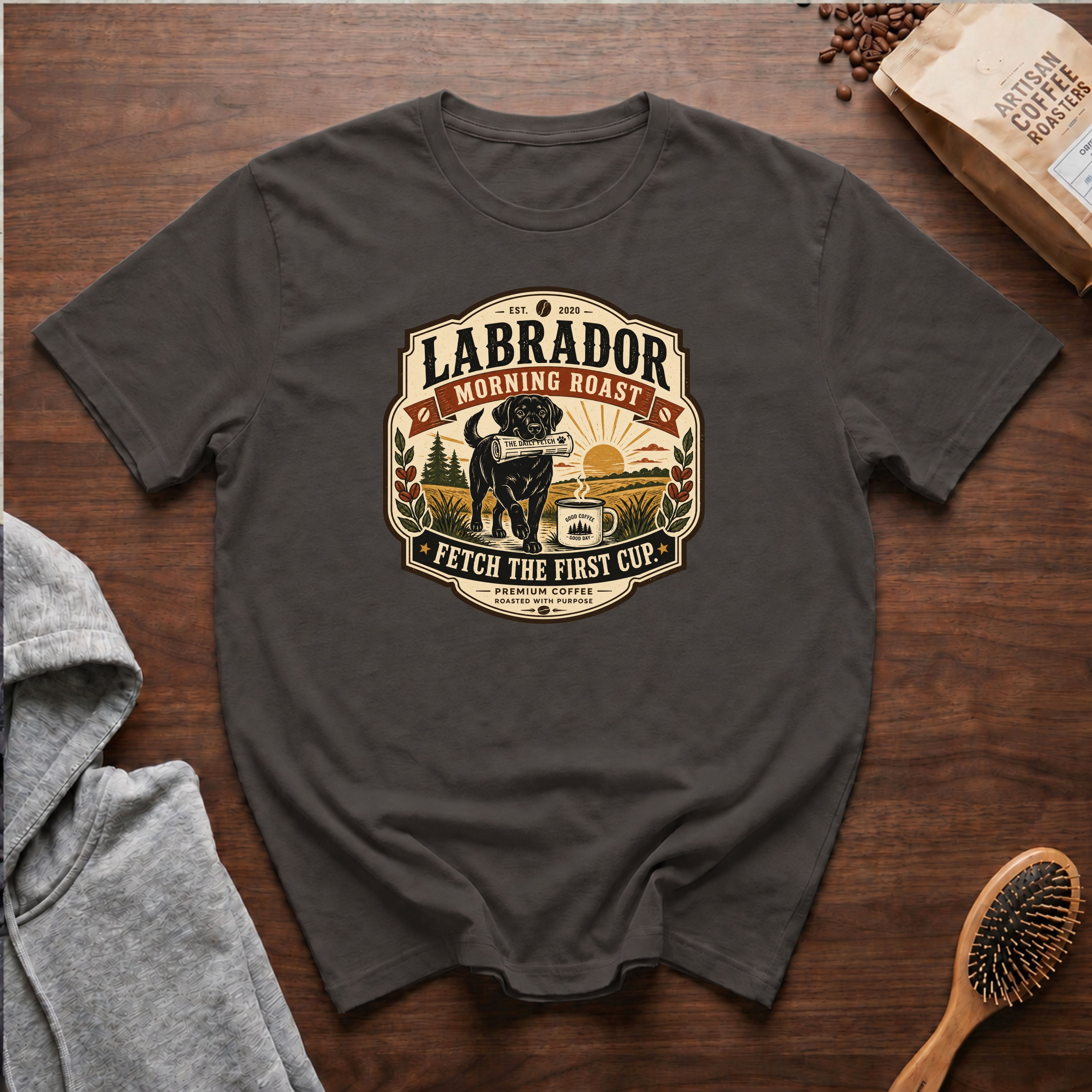 Labrador Morning Roast Fetch The First Cup T-Shirt — Pepper