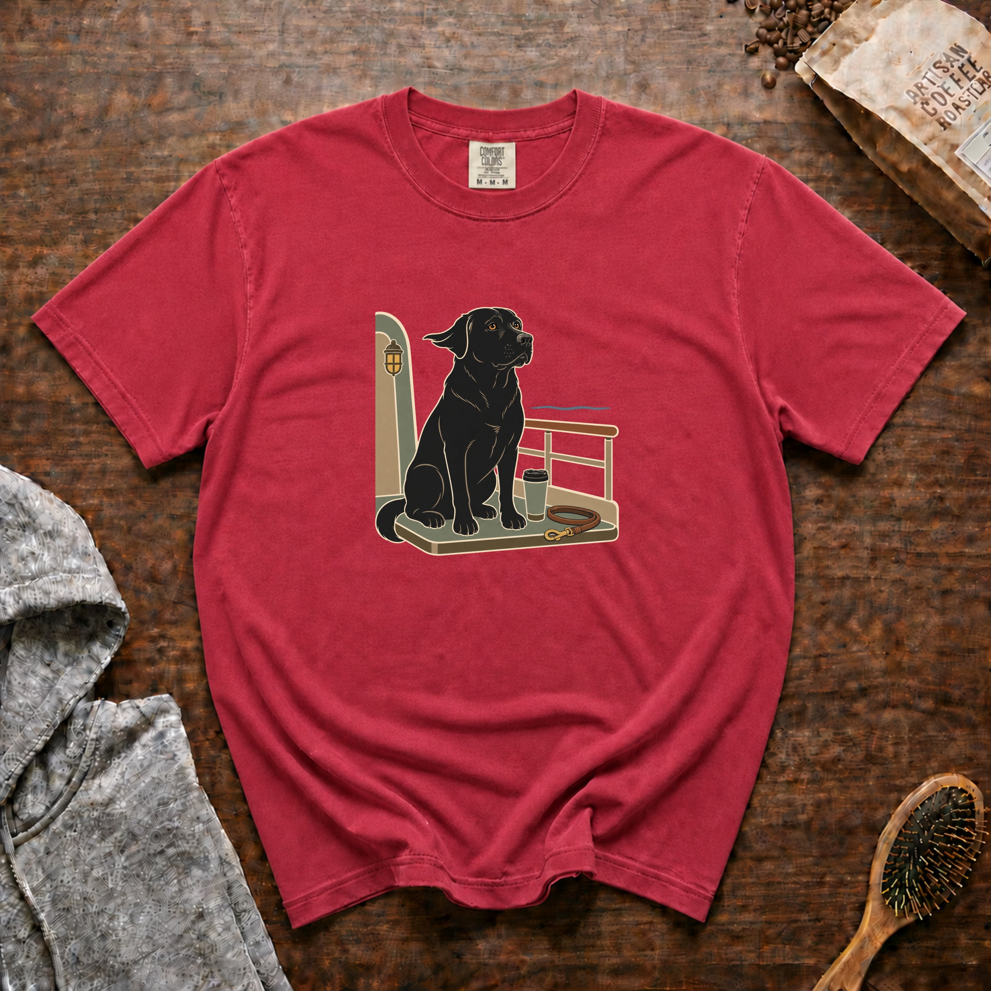 Labrador On A Boat Deck T-Shirt — Crimson