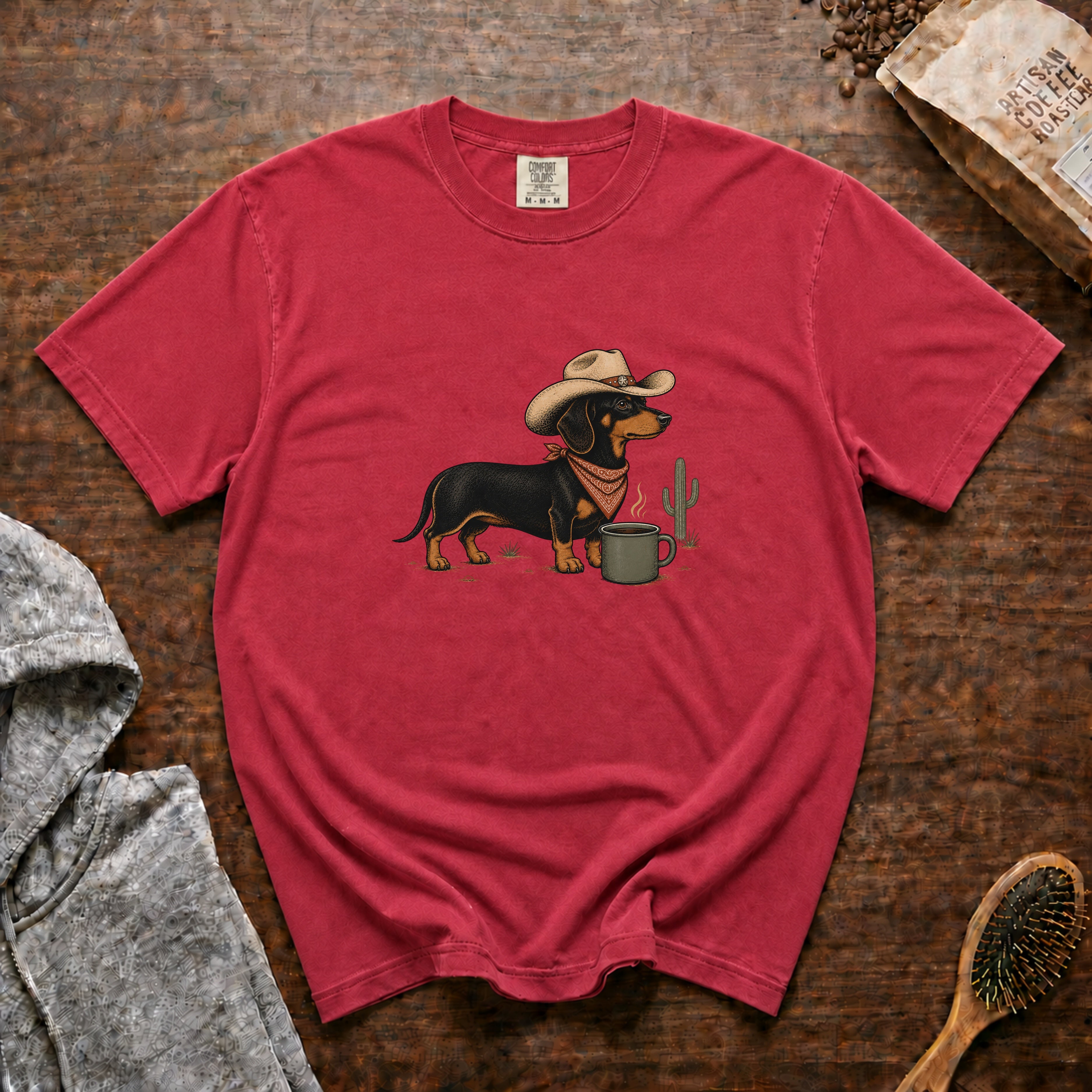 Long Dog, Strong Coffee T-Shirt — Crimson