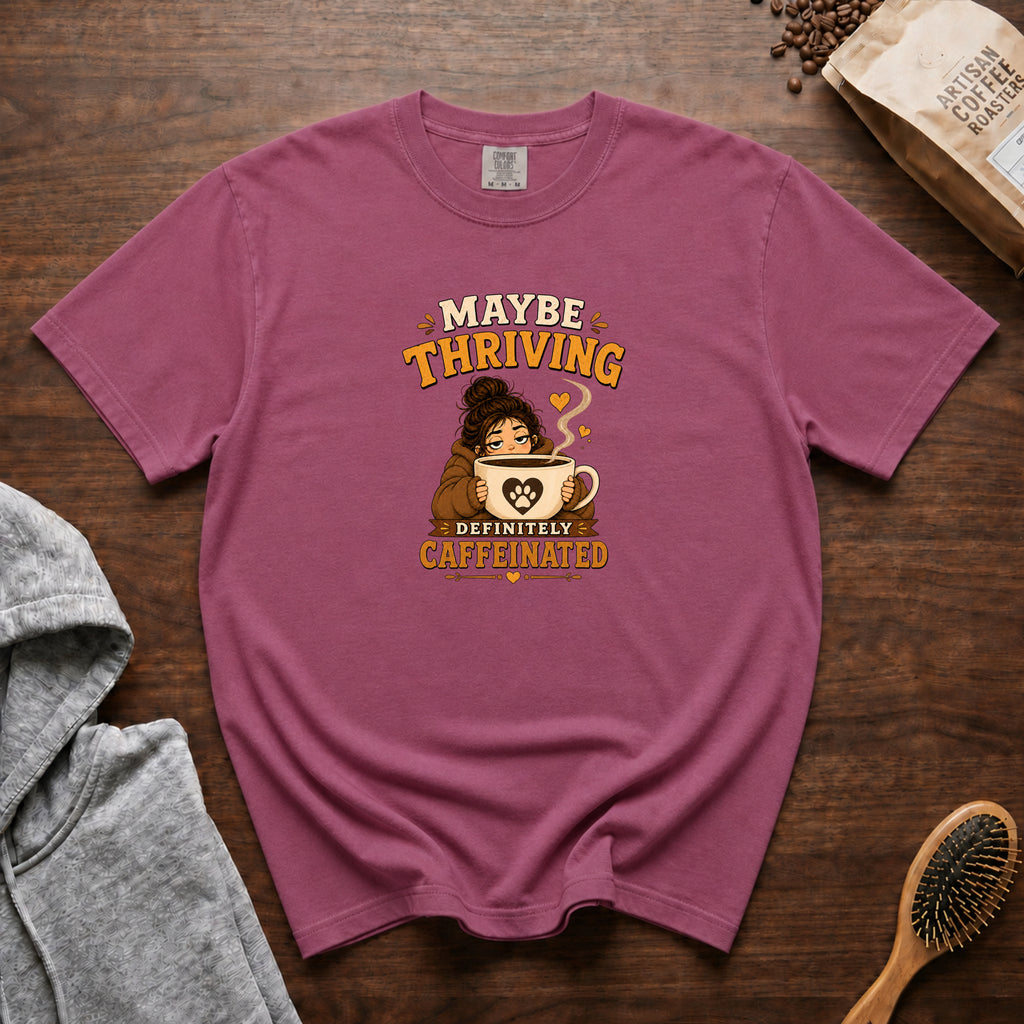 Maybe Thriving Definitely Caffeinated T-Shirt — Berry