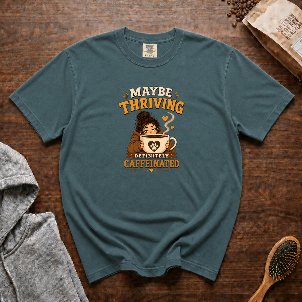 Maybe Thriving Definitely Caffeinated T-Shirt — Blue Spruce