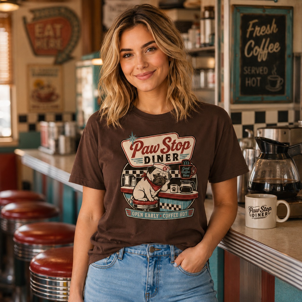 Paw Stop Diner T-Shirt | Retro Pug Coffee Diner Funny Dog Gift