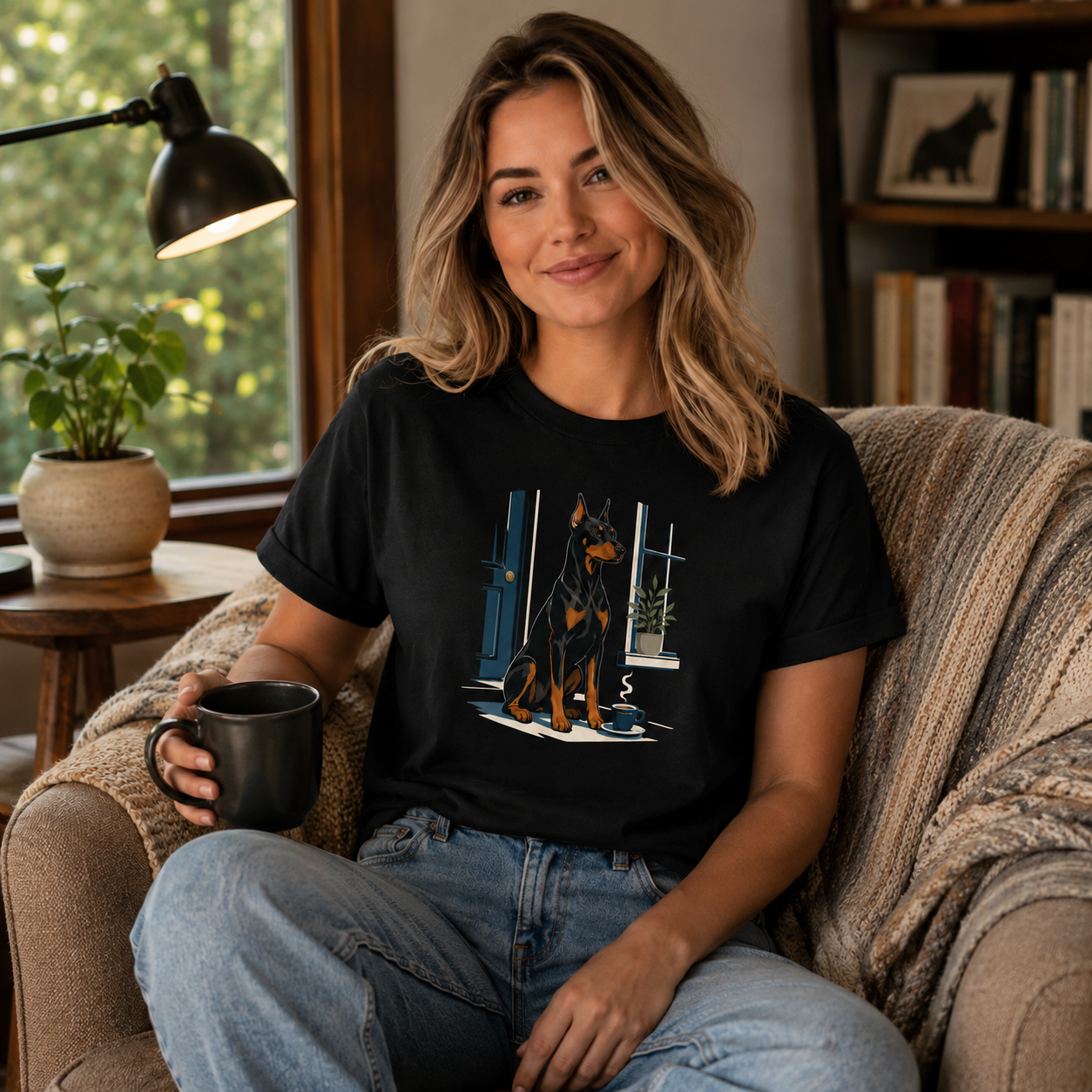 Doberman Pinscher Night Watch Espresso T-Shirt | Dobie Coffee Lover Tee
