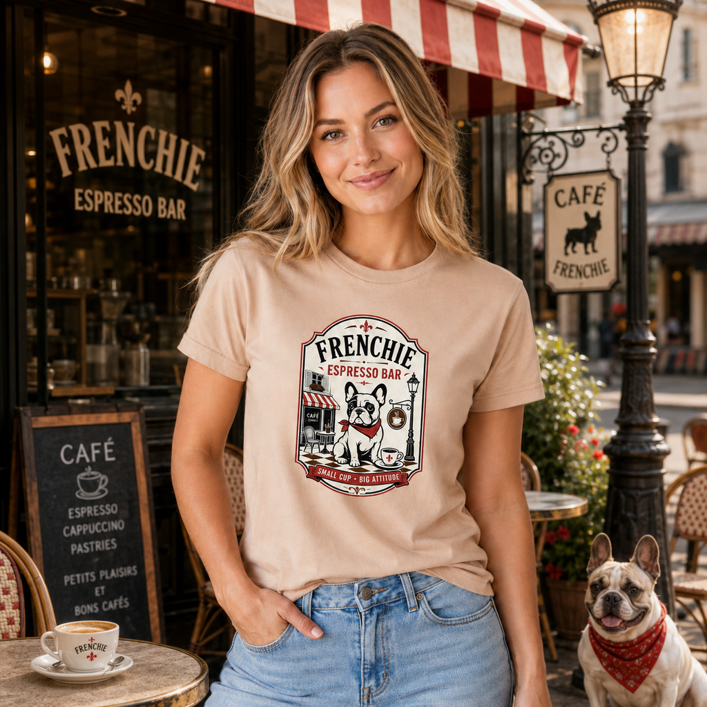 Frenchie Espresso Bar T-Shirt | Funny French Bulldog Coffee Gift
