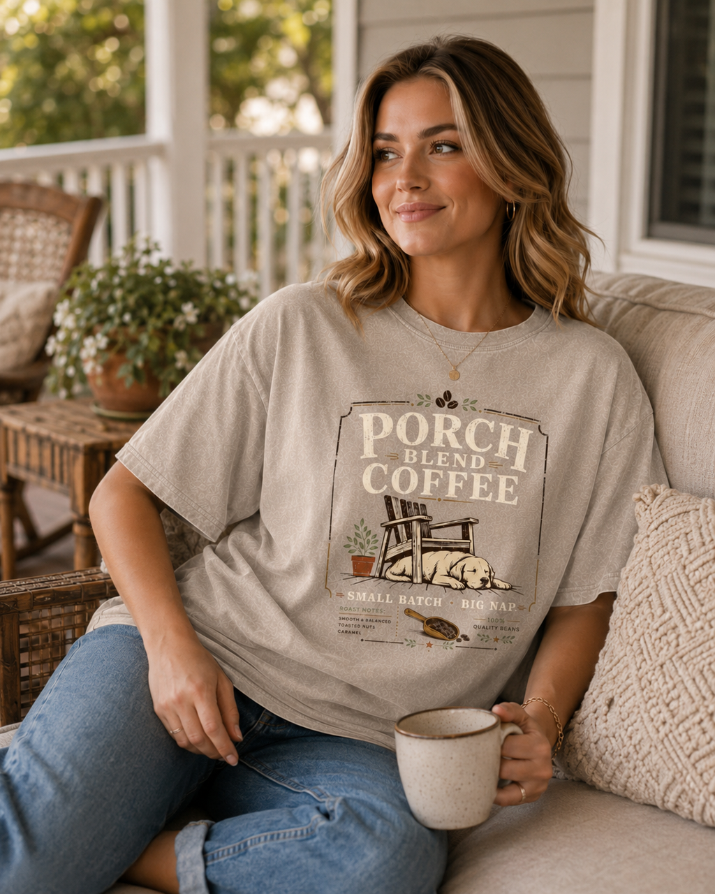 Porch Blend Coffee Snow Washed Oversized Cotton T-Shirt