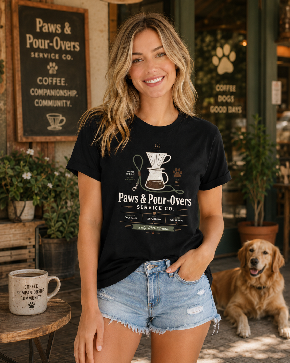 Paws and Pour Overs T-Shirt | Dog & Coffee Lover Tee