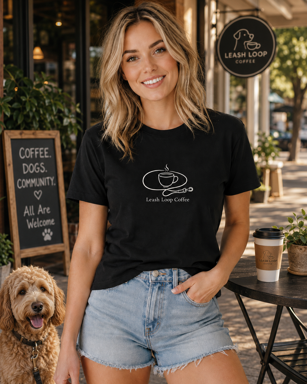 Leash Loop Coffee T-Shirt | Dog Walk & Coffee Lover Tee
