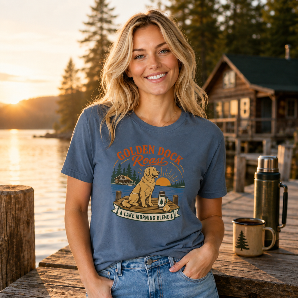 Golden Dock Roast T-Shirt | Funny Golden Retriever Lake Coffee Gift