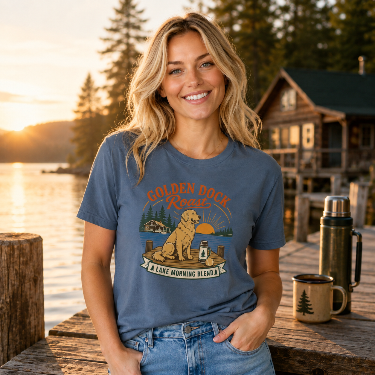 Golden Dock Roast T-Shirt | Funny Golden Retriever Lake Coffee Gift