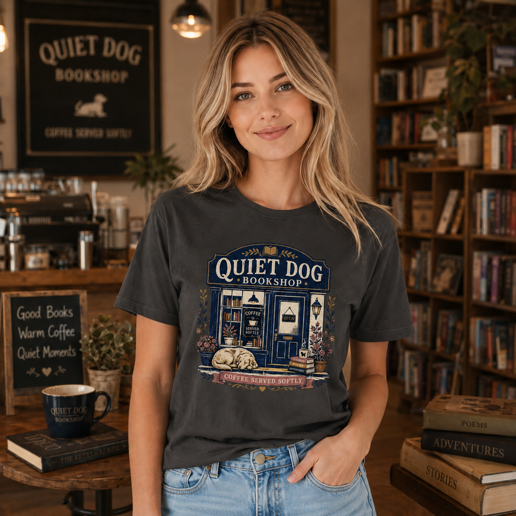 Quiet Dog Bookshop T-Shirt | Funny Dog Mom Book Lover Coffee Gift
