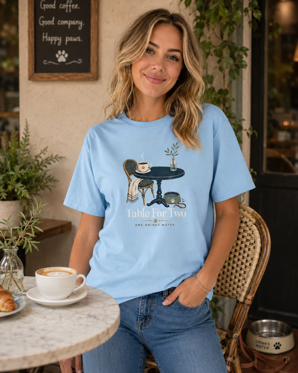 Table For Two T-Shirt | Dog & Coffee Cafe Lover Tee