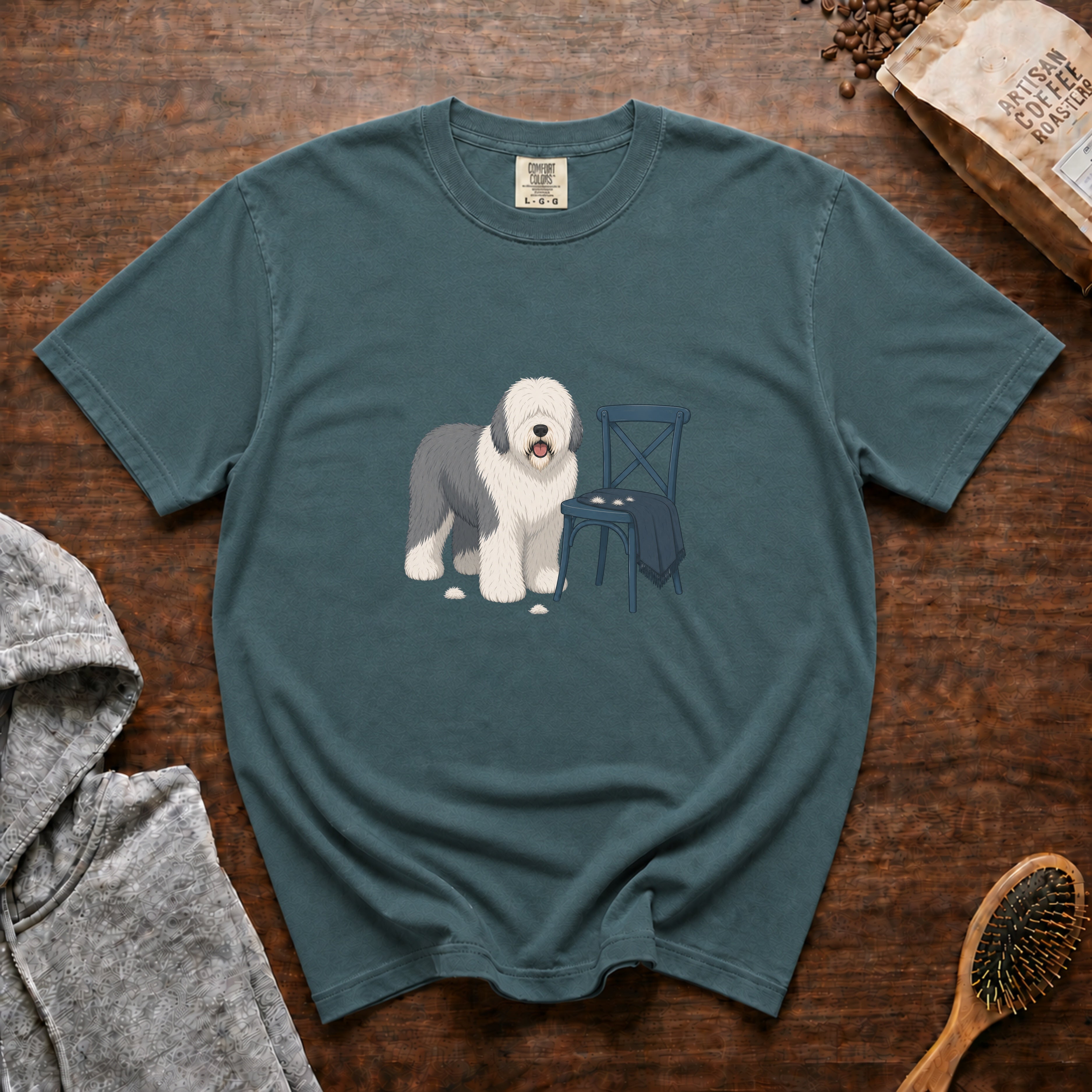 Old English Sheepdog Shed Happens T-Shirt — Blue Spruce