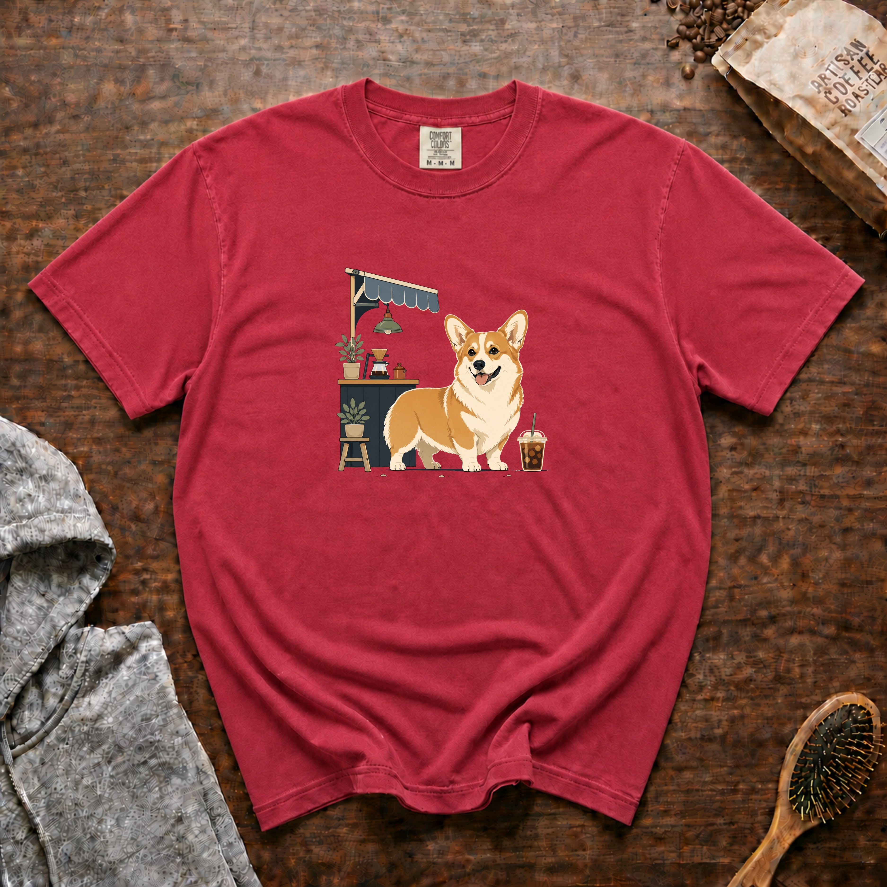 Pembroke Welsh Corgi Short Stack Cold Brew 1 T-Shirt — Crimson