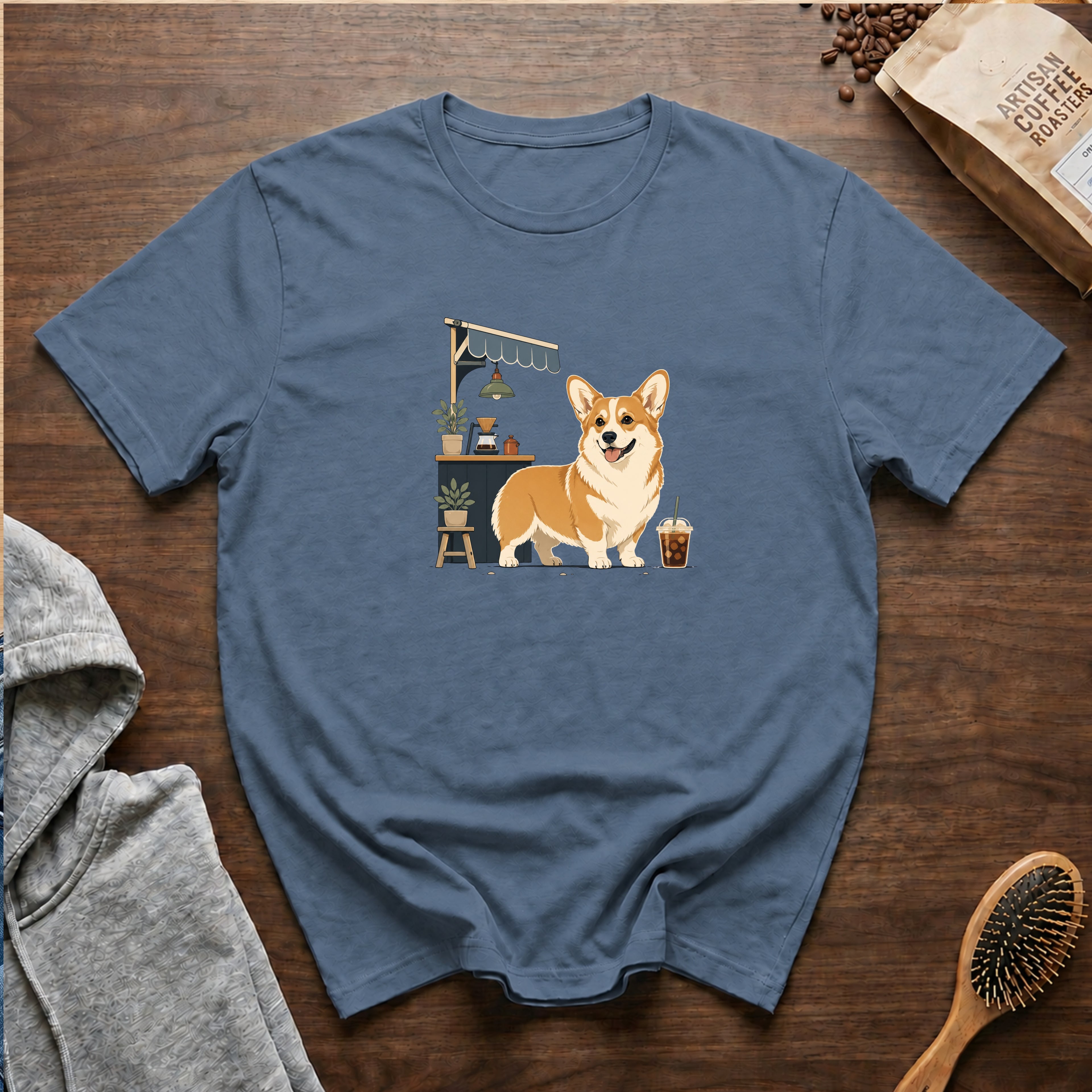 Pembroke Welsh Corgi Short Stack Cold Brew T-Shirt — Blue Jean