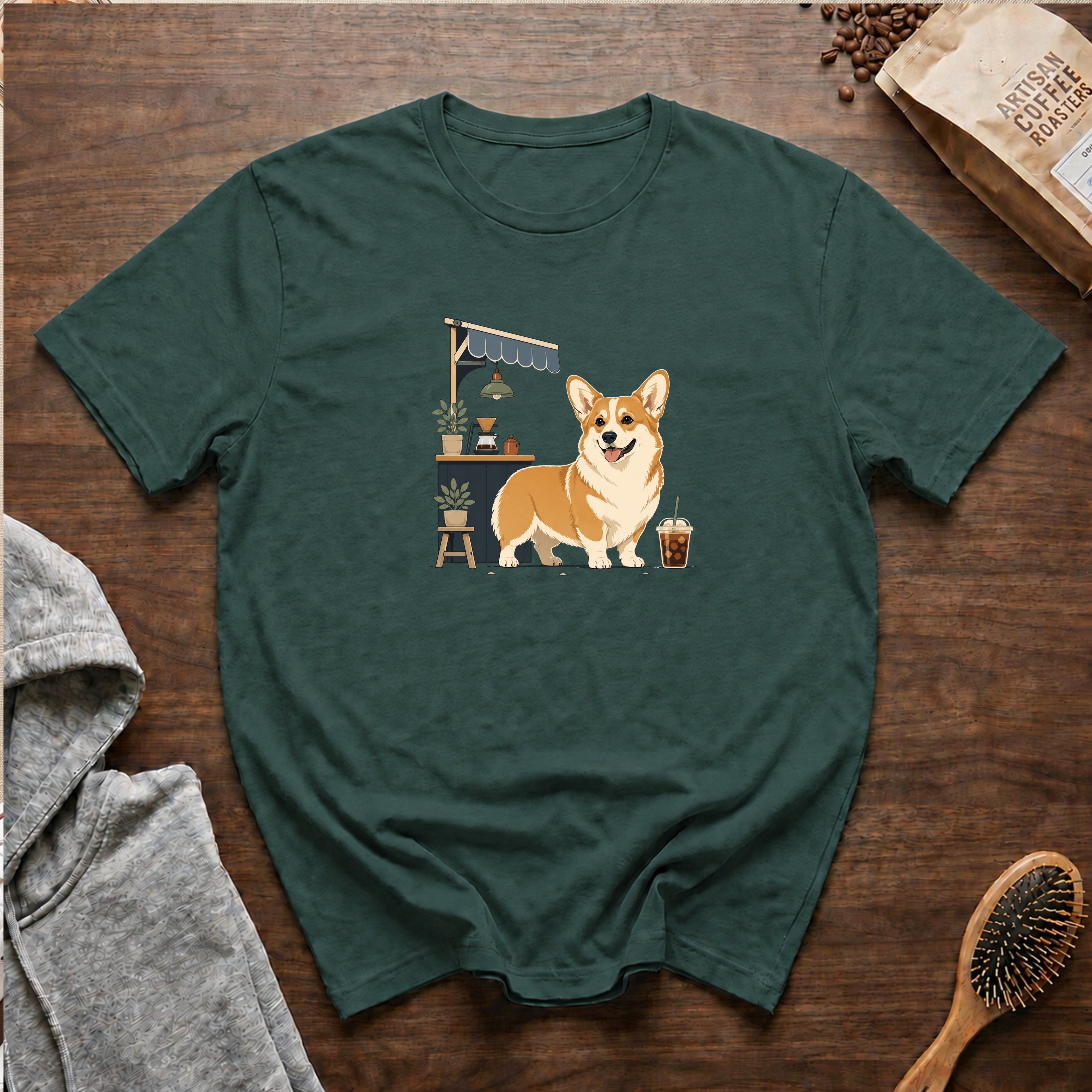 Pembroke Welsh Corgi Short Stack Cold Brew T-Shirt — Blue Spruce