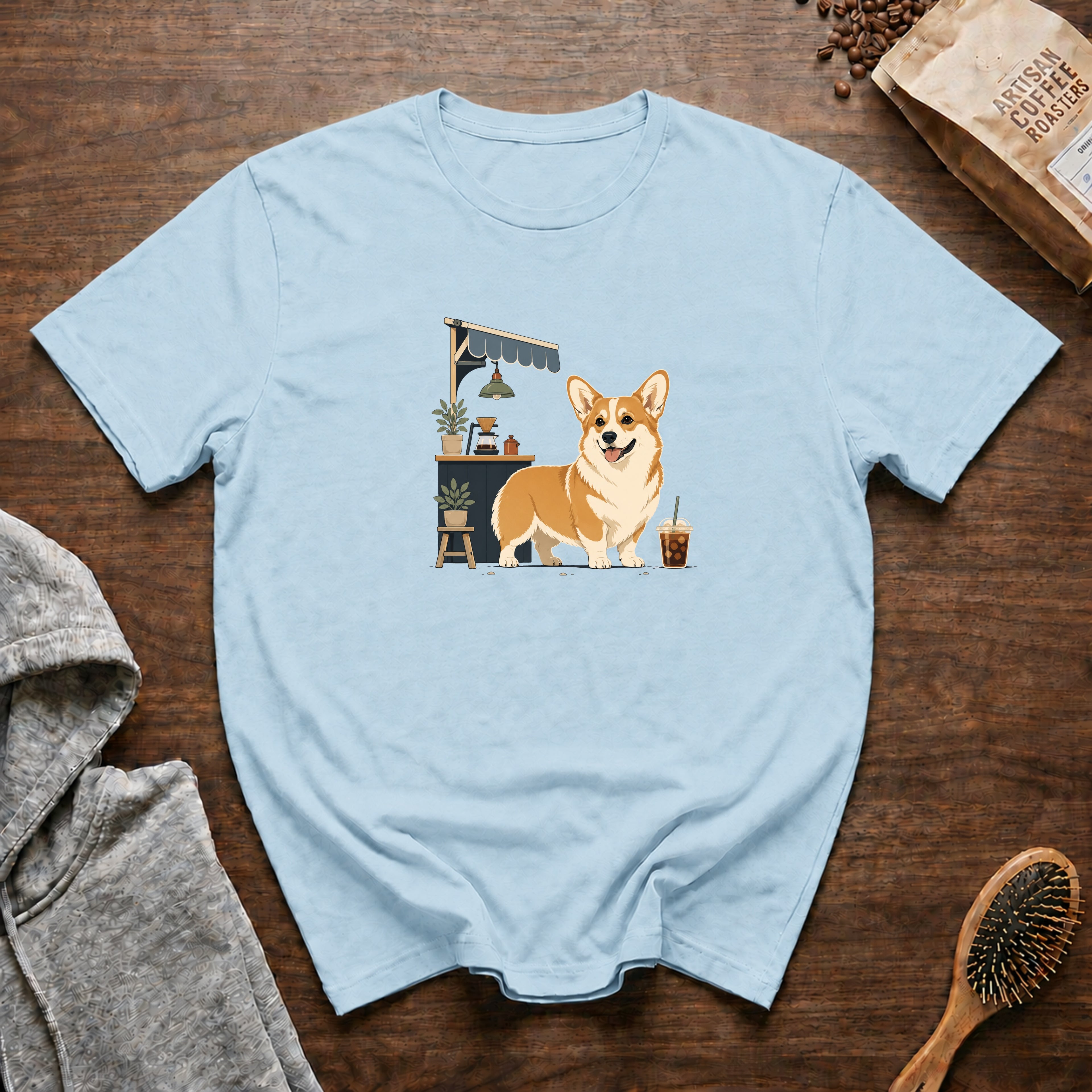 Pembroke Welsh Corgi Short Stack Cold Brew T-Shirt — Chambray