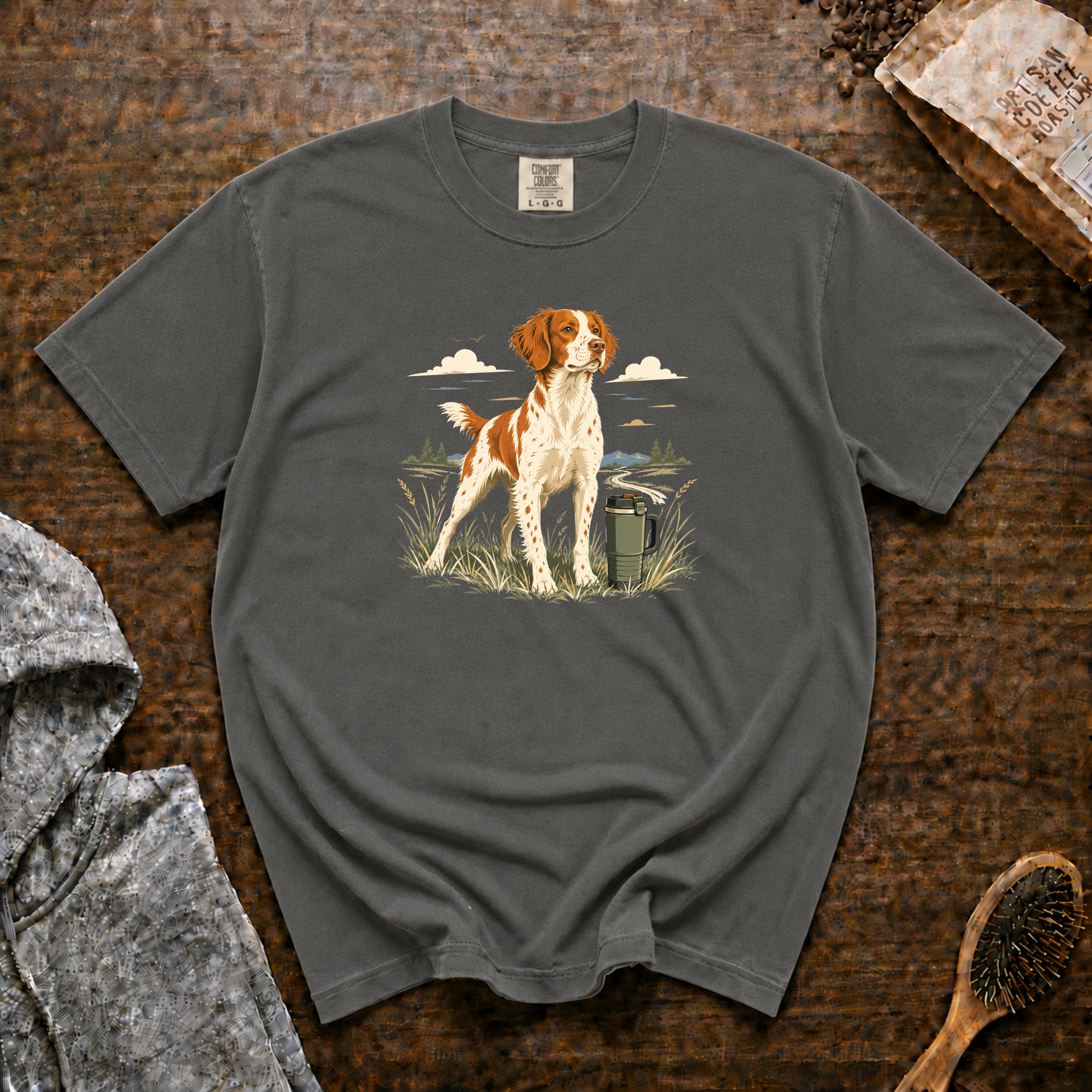Brittany Field Mug Morning T-Shirt | Brittany Dog Coffee Tee