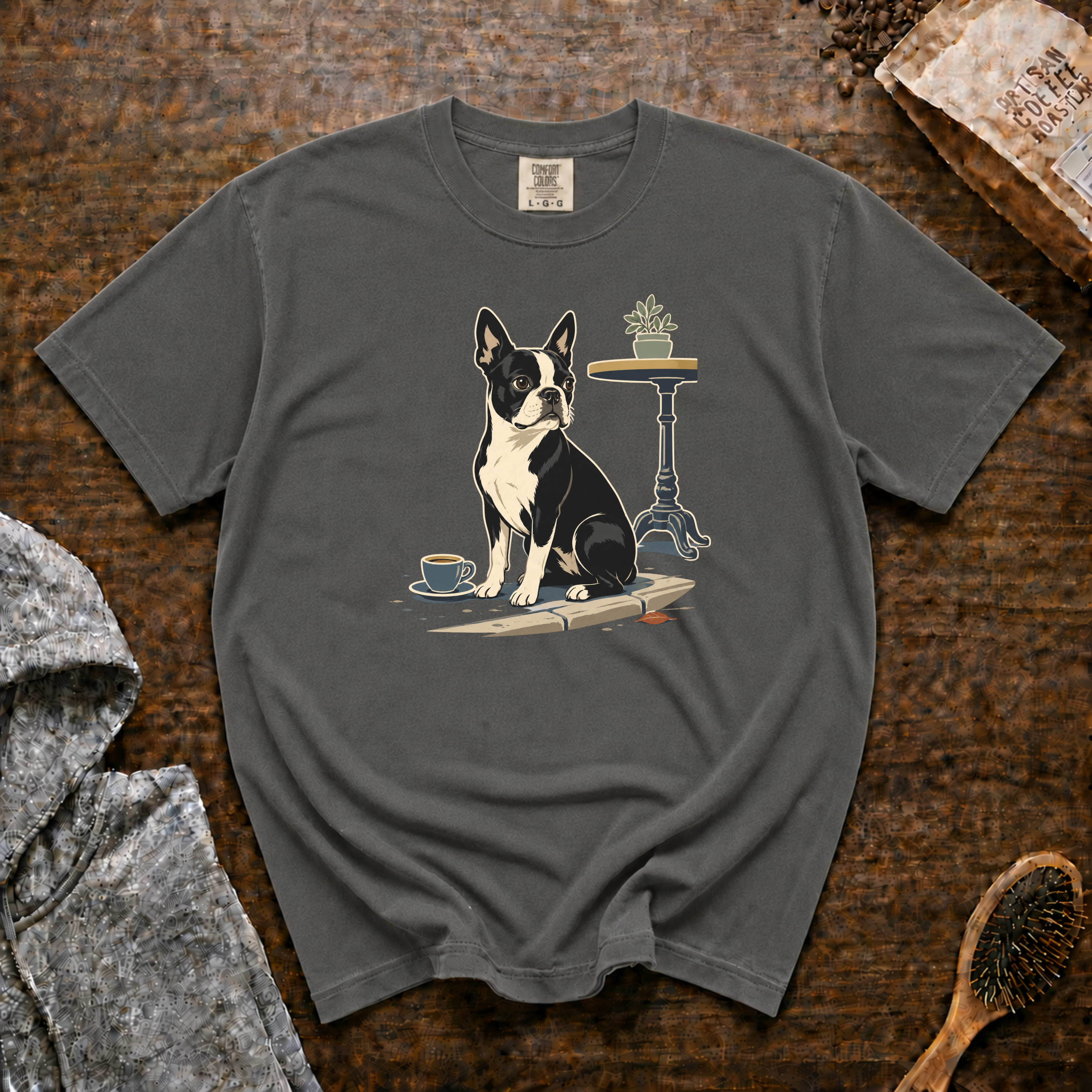 Boston Terrier Sidewalk Espresso T-Shirt | Bosty Coffee Tee