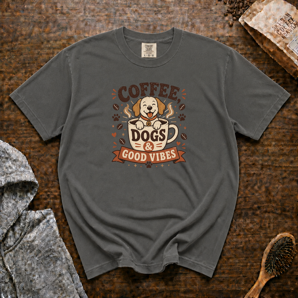 Coffee Dogs And Good Vibes T-Shirt | Dog Lover Coffee Tee
