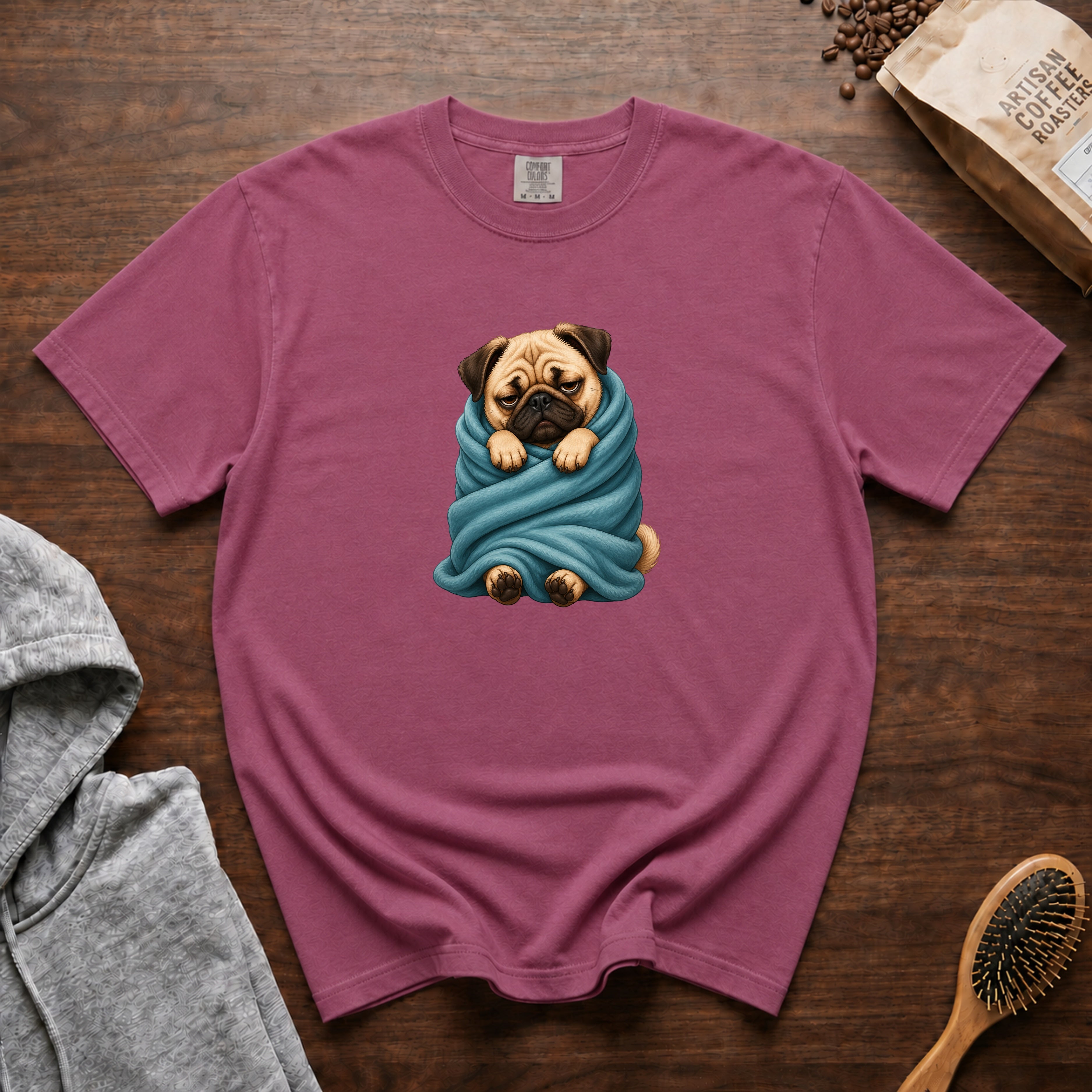 Pug In A Blanket T-Shirt — Berry