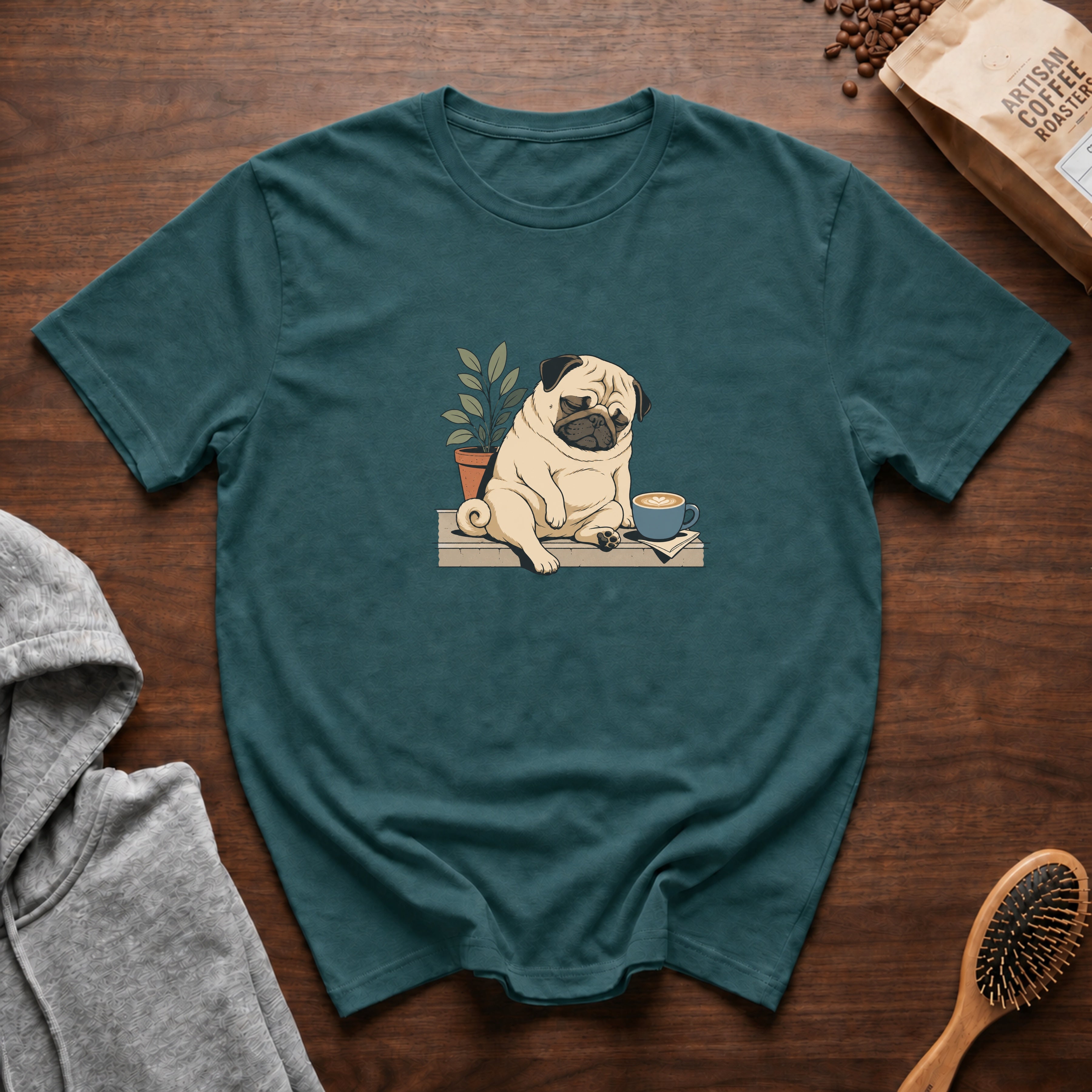 Pug Sleepy Cup Roast T-Shirt — Blue Spruce