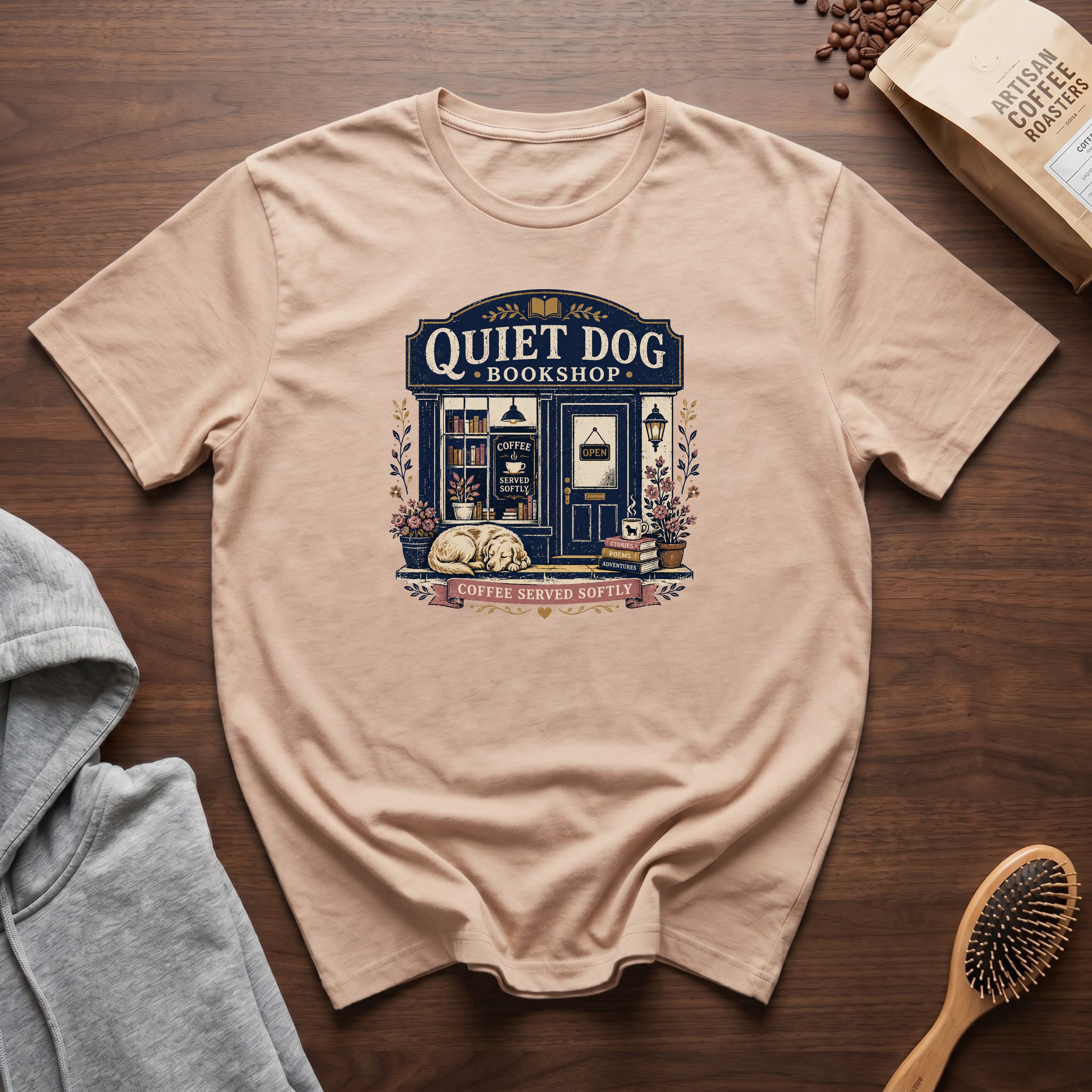 Quiet Dog Bookshop T-Shirt | Funny Dog Mom Book Lover Coffee Gift