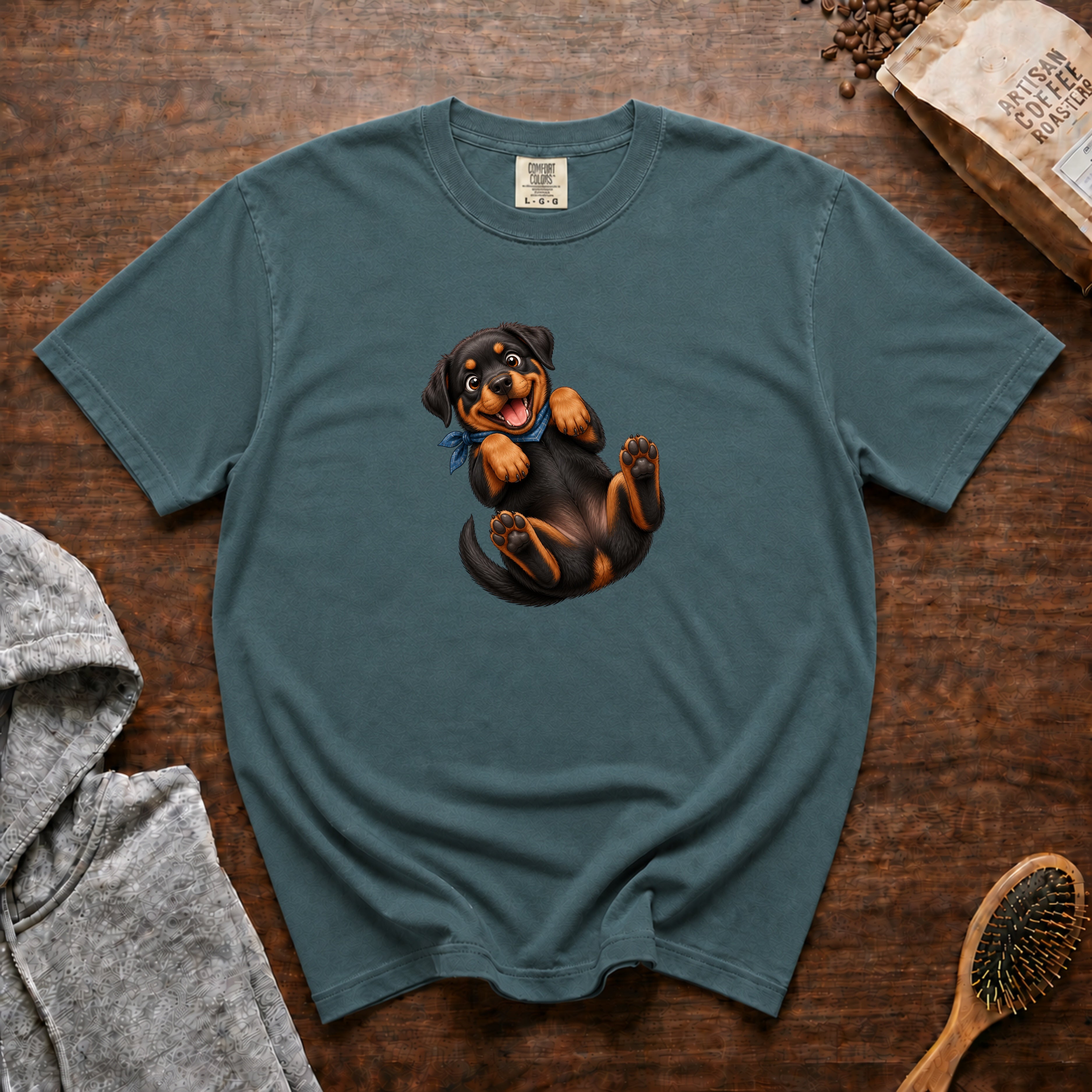 Rottweiler Belly Rub T-Shirt — Blue Spruce