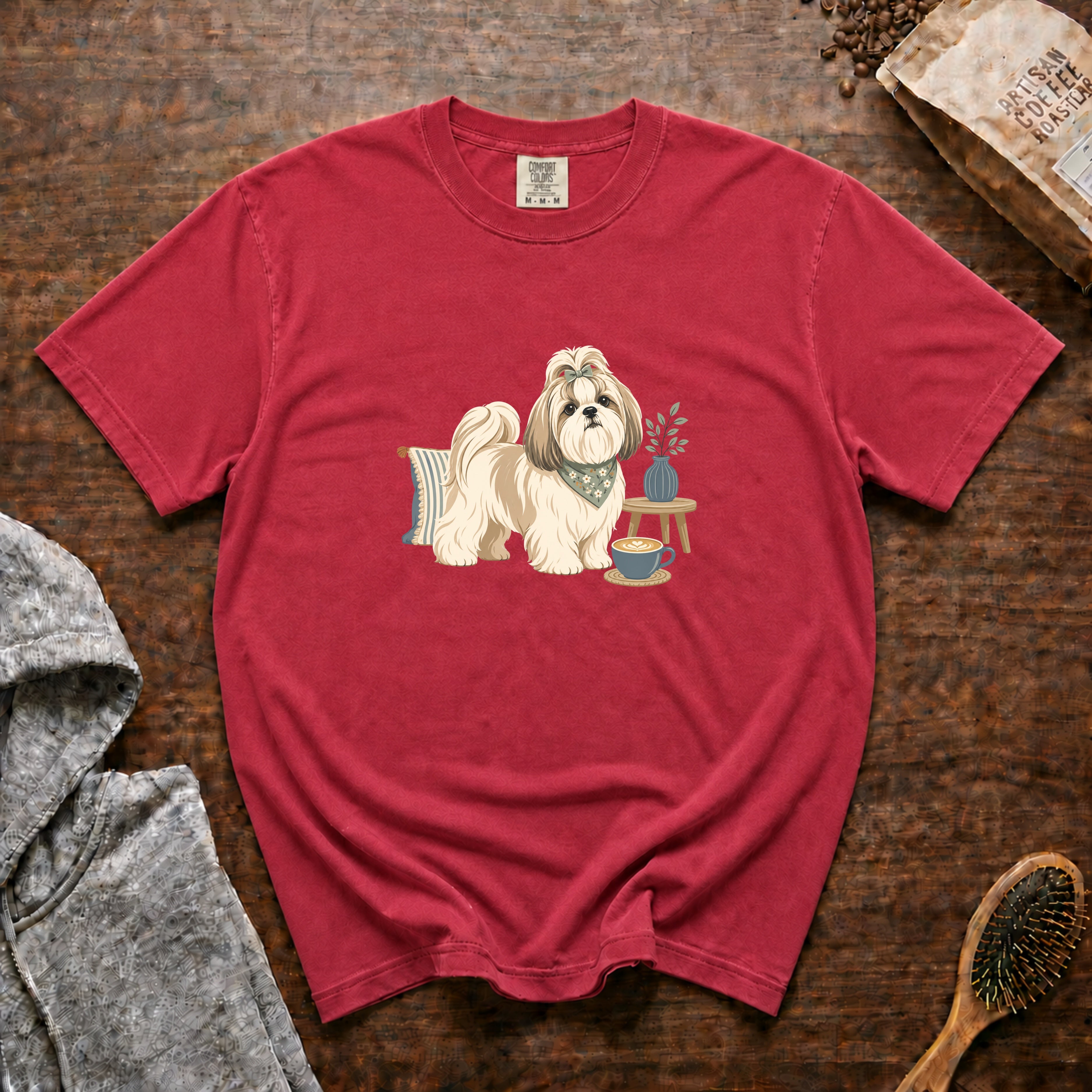 Shih Tzu Silk Pillow Latte 1 T-Shirt — Crimson