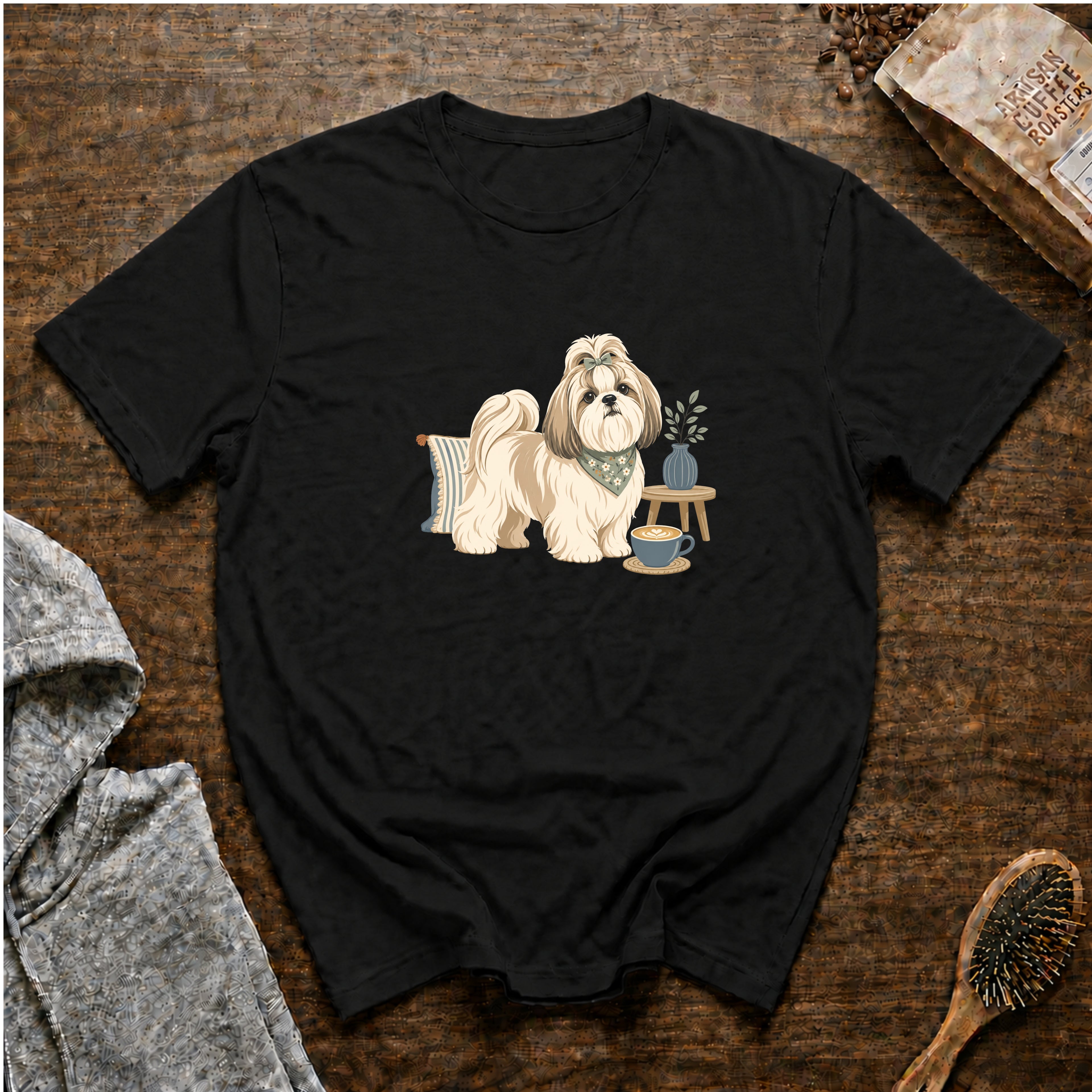 Shih Tzu Silk Pillow Latte T-Shirt — Black