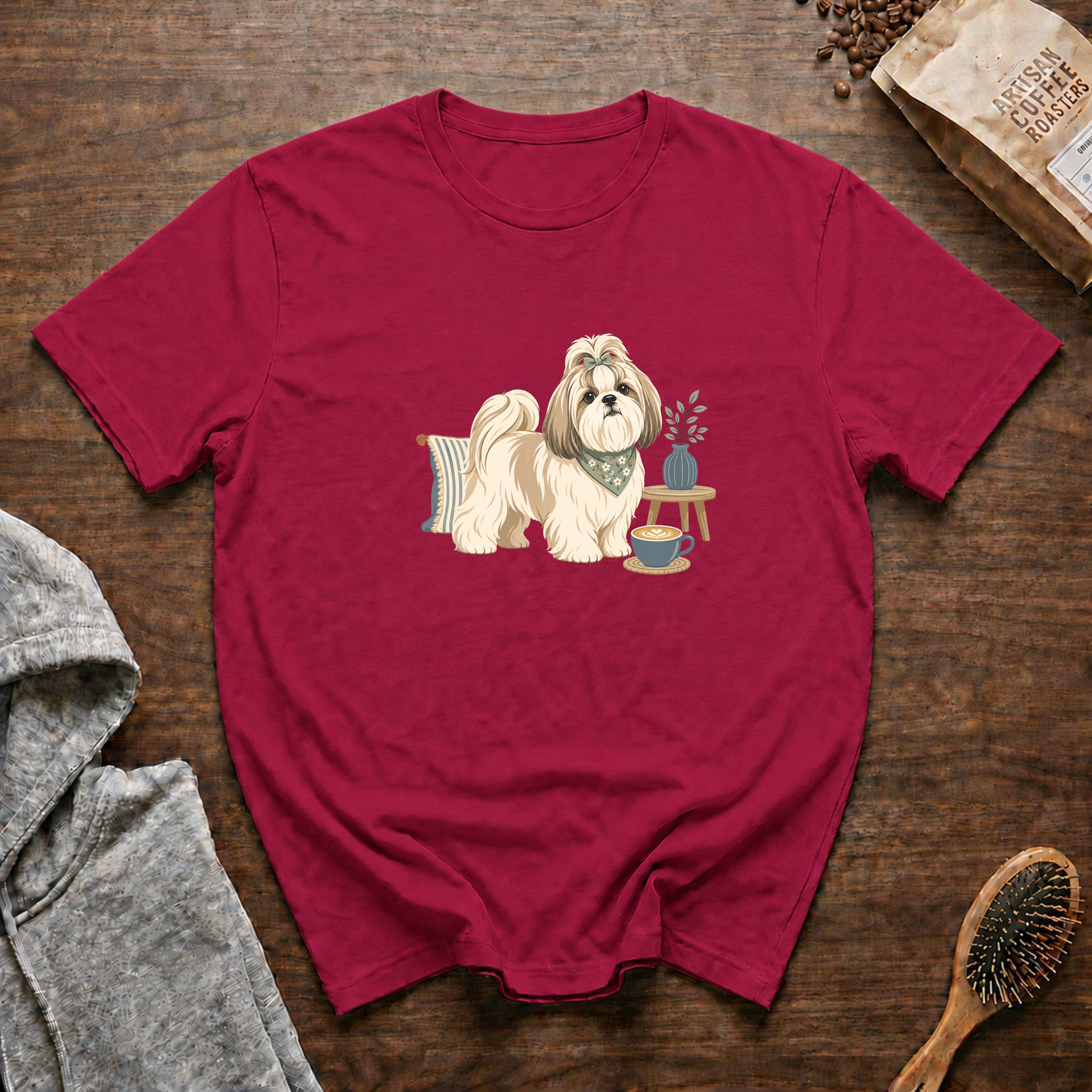 Shih Tzu Silk Pillow Latte T-Shirt — Crimson